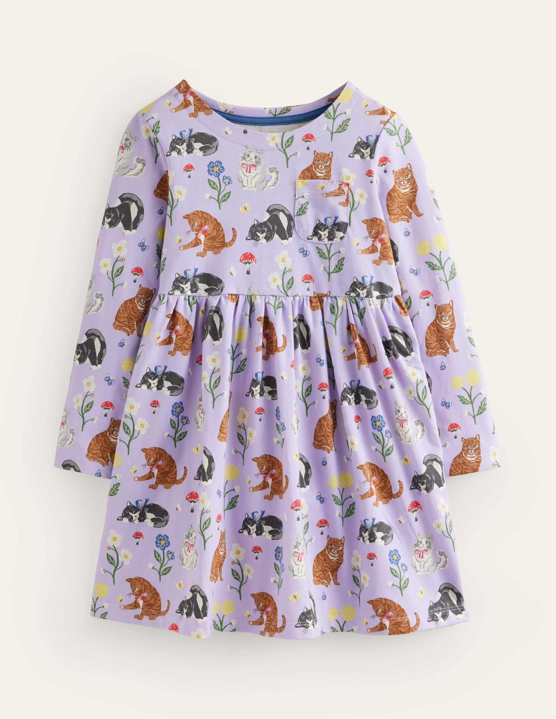 Long Sleeve Fun Jersey Dress-Light Purple Cats-1