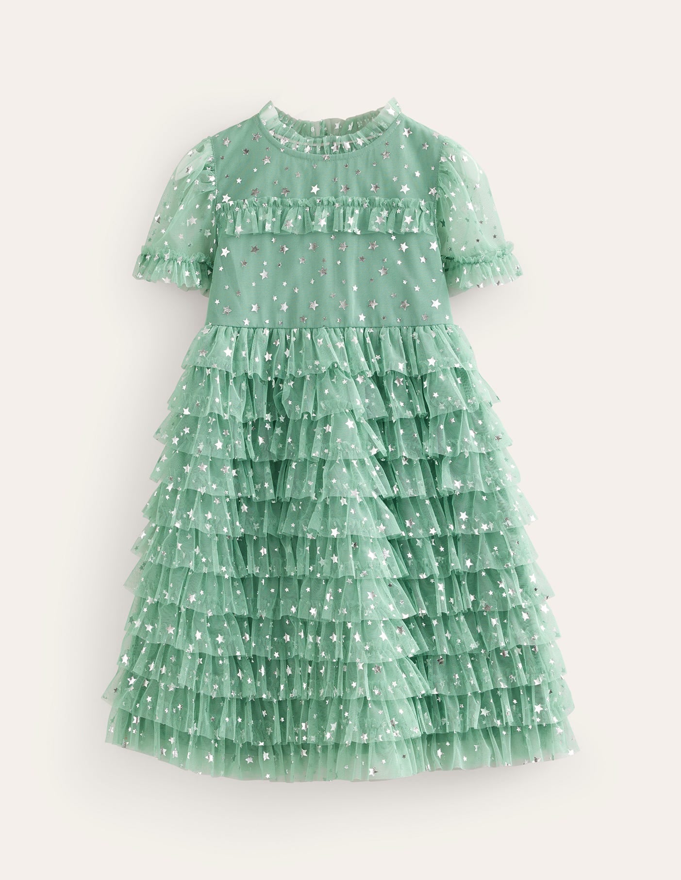 Ruffle Tulle Star Dress-Csarite Green Foil Stars - Image 1