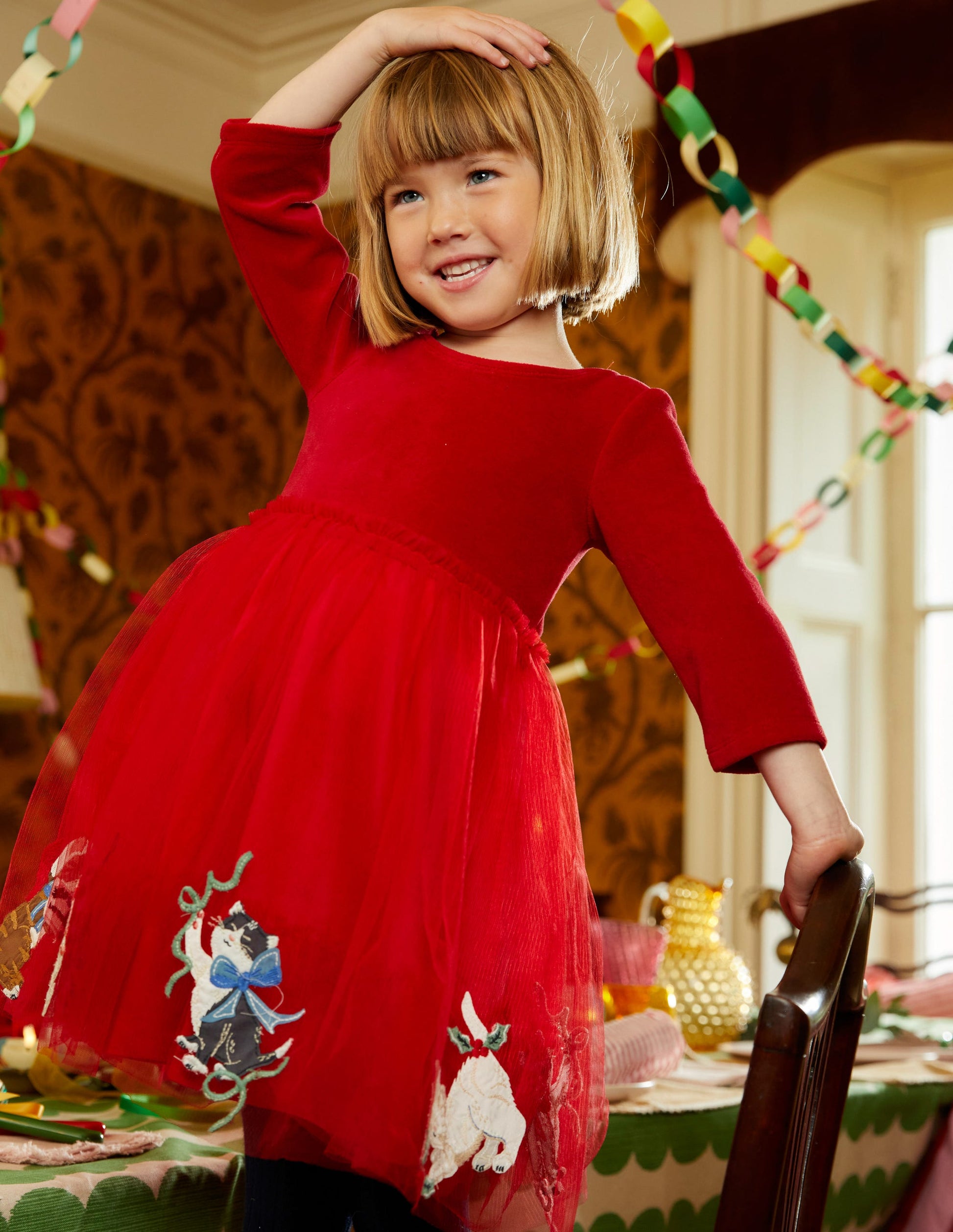 Applique Velvet Tulle Dress-Rouge Red Cats-4