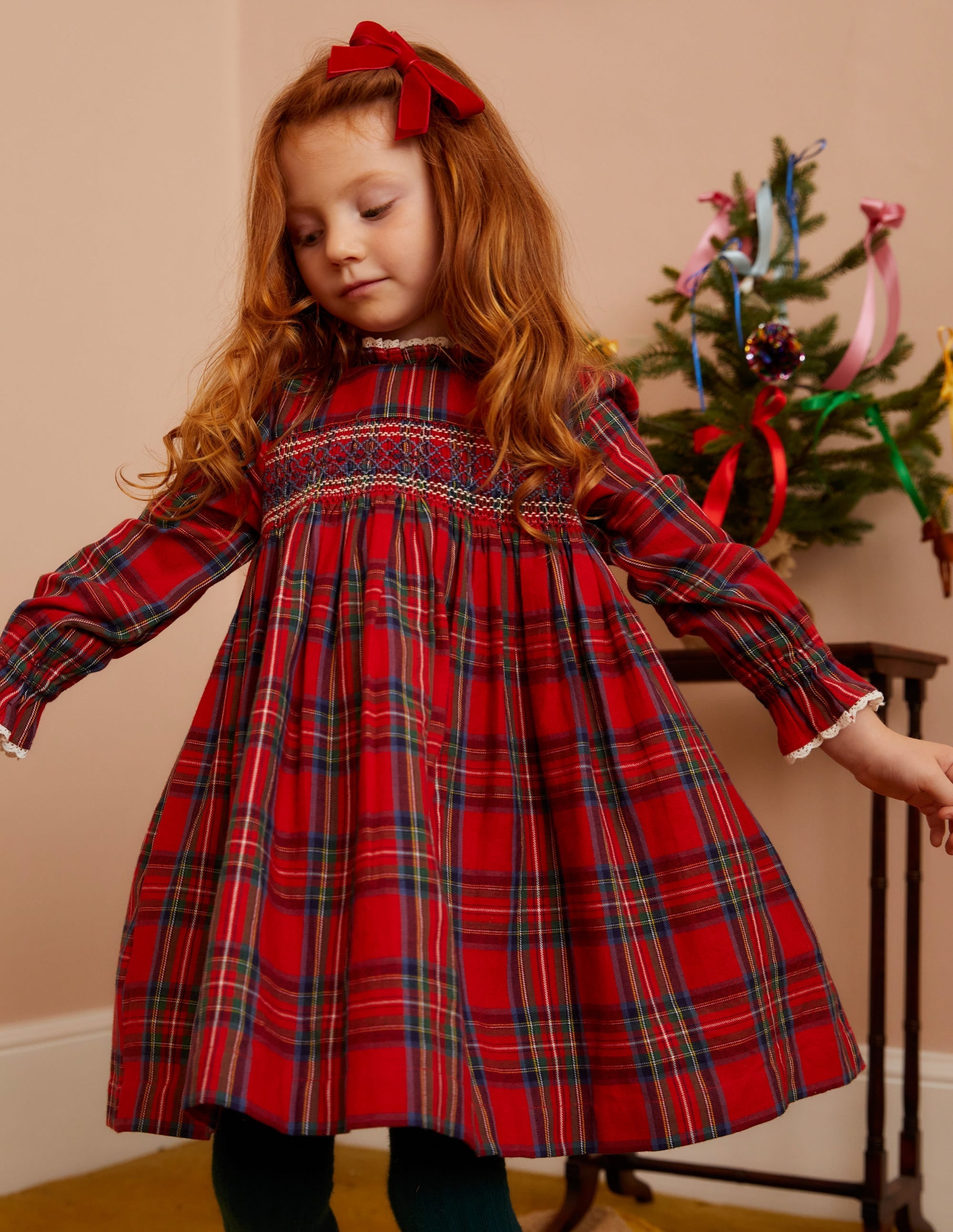 Smocked Heritage Check Dress-Red / Blue Check - Image 4