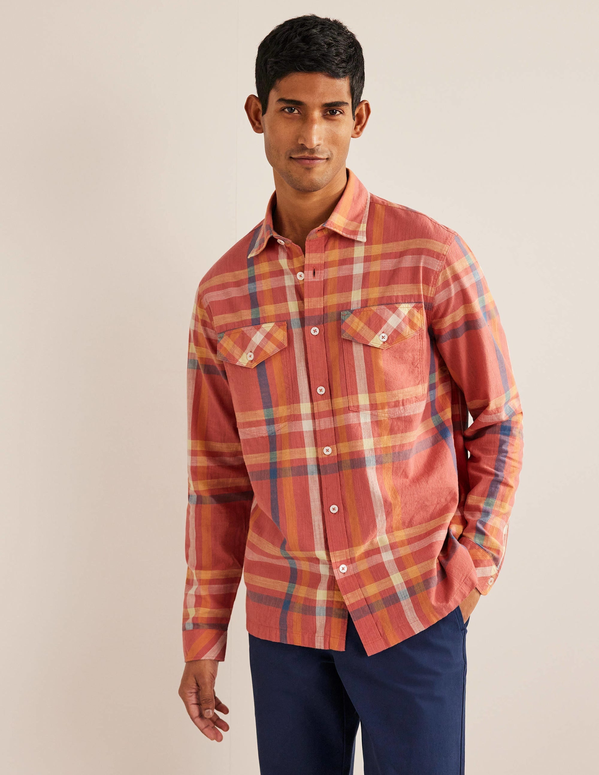 Casual Cotton Check Shirt-Red Check - Image 1