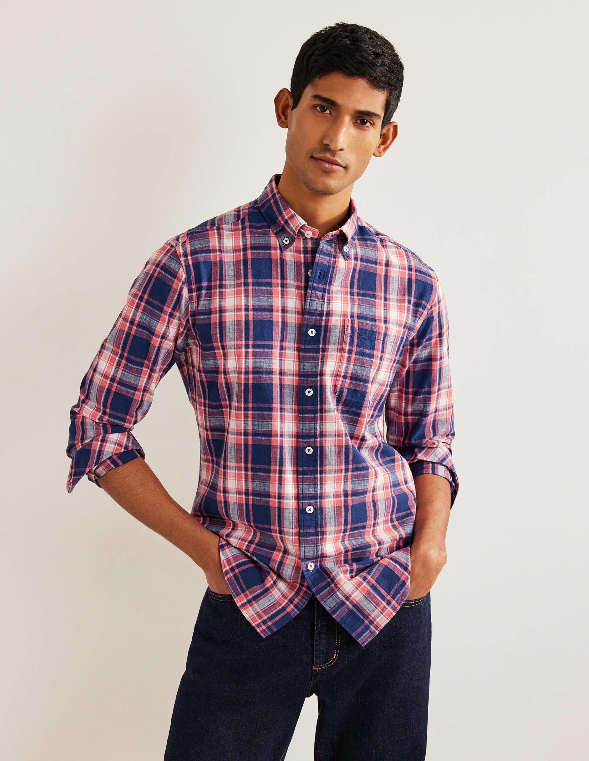 Button Down Slim Fit Shirt-Faded Red Check-4