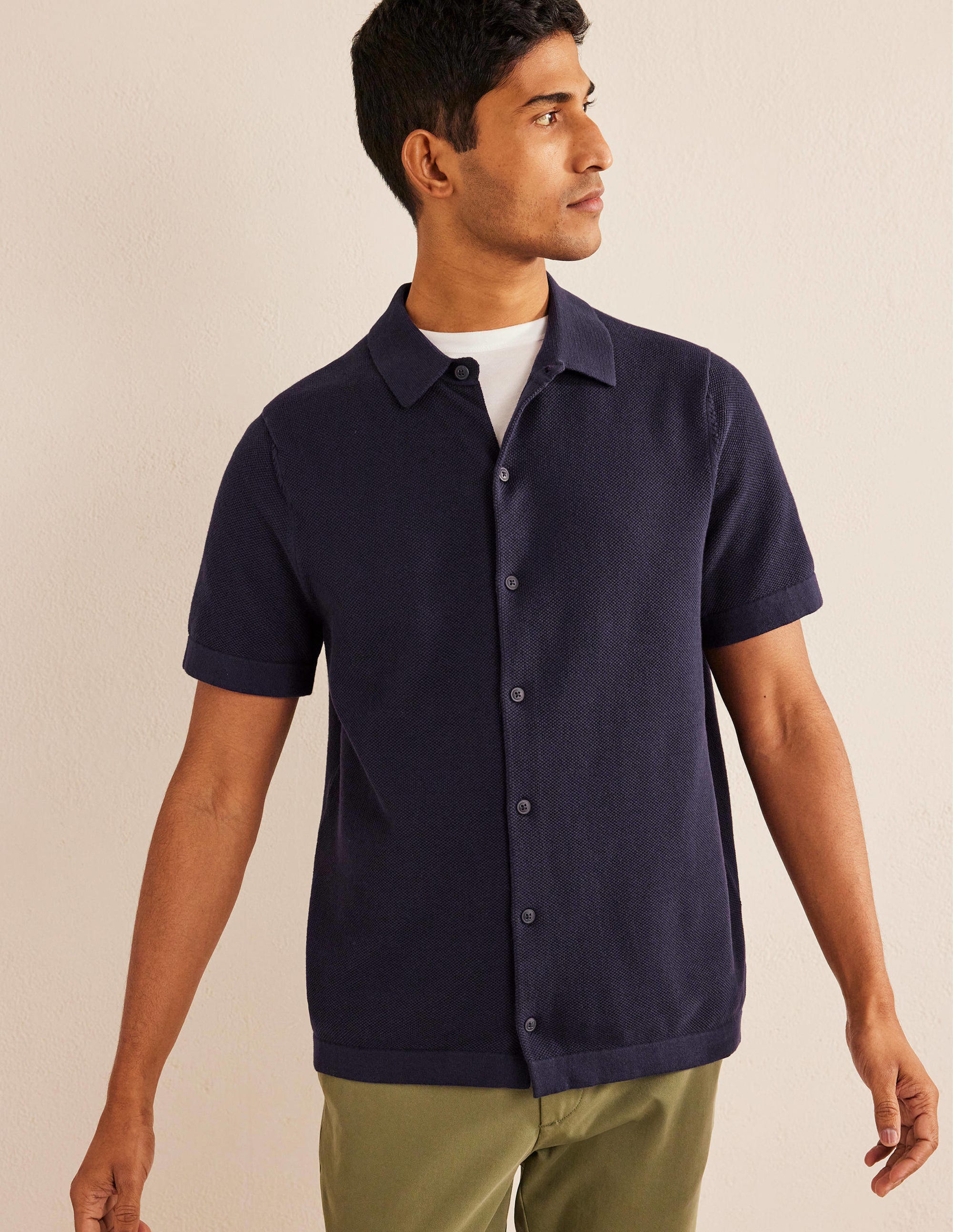 Knitted Short Sleeve Shirt-Navy - Image 1