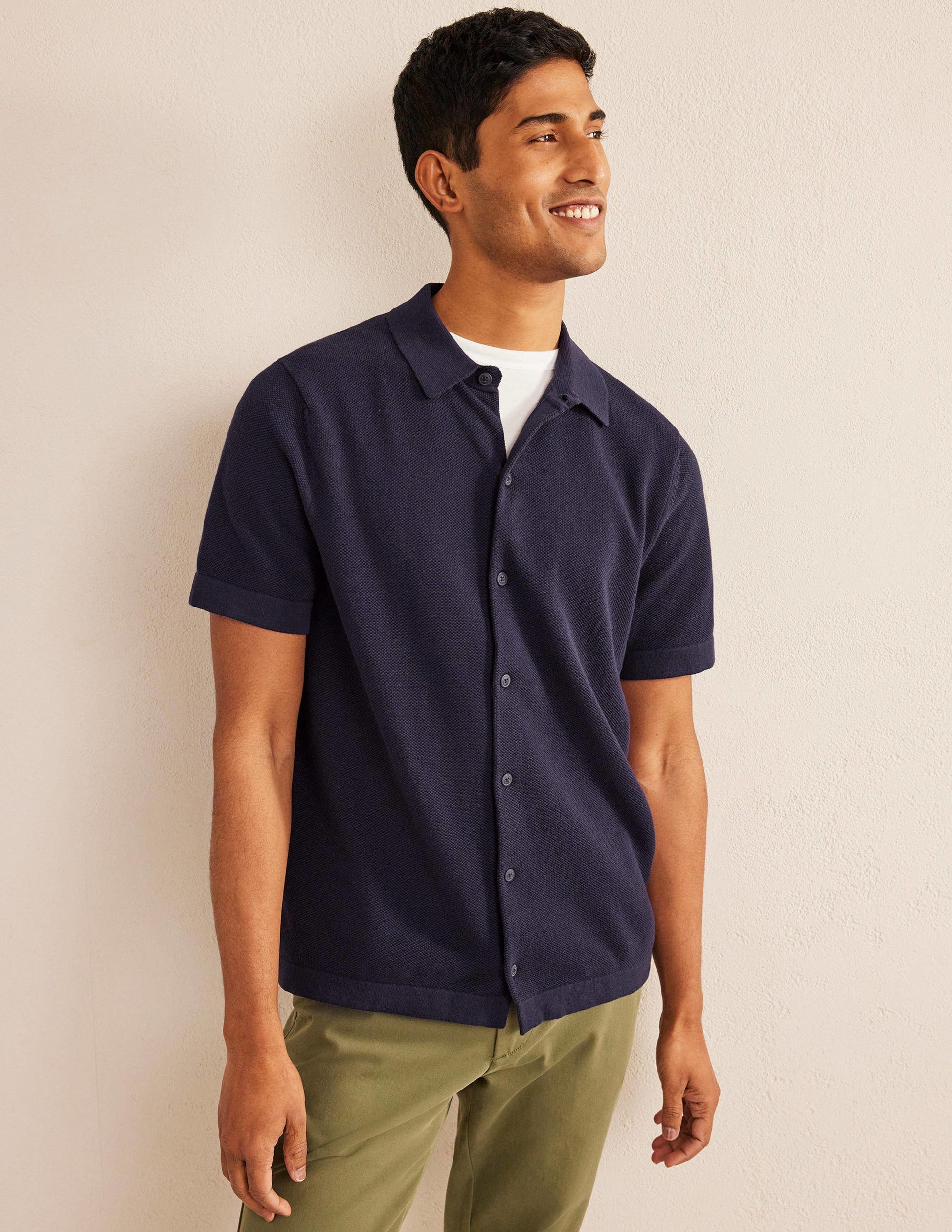 Knitted Short Sleeve Shirt-Navy-4