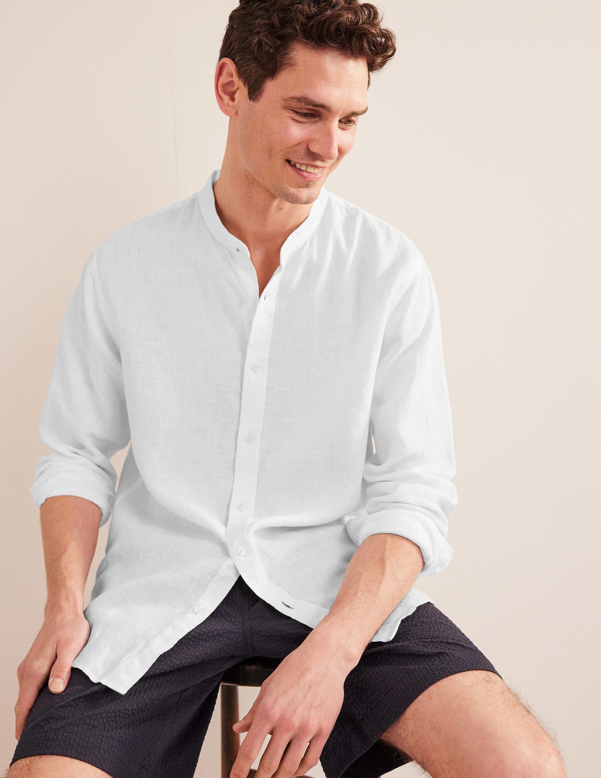 Grandad Collar Linen Shirt-White-1