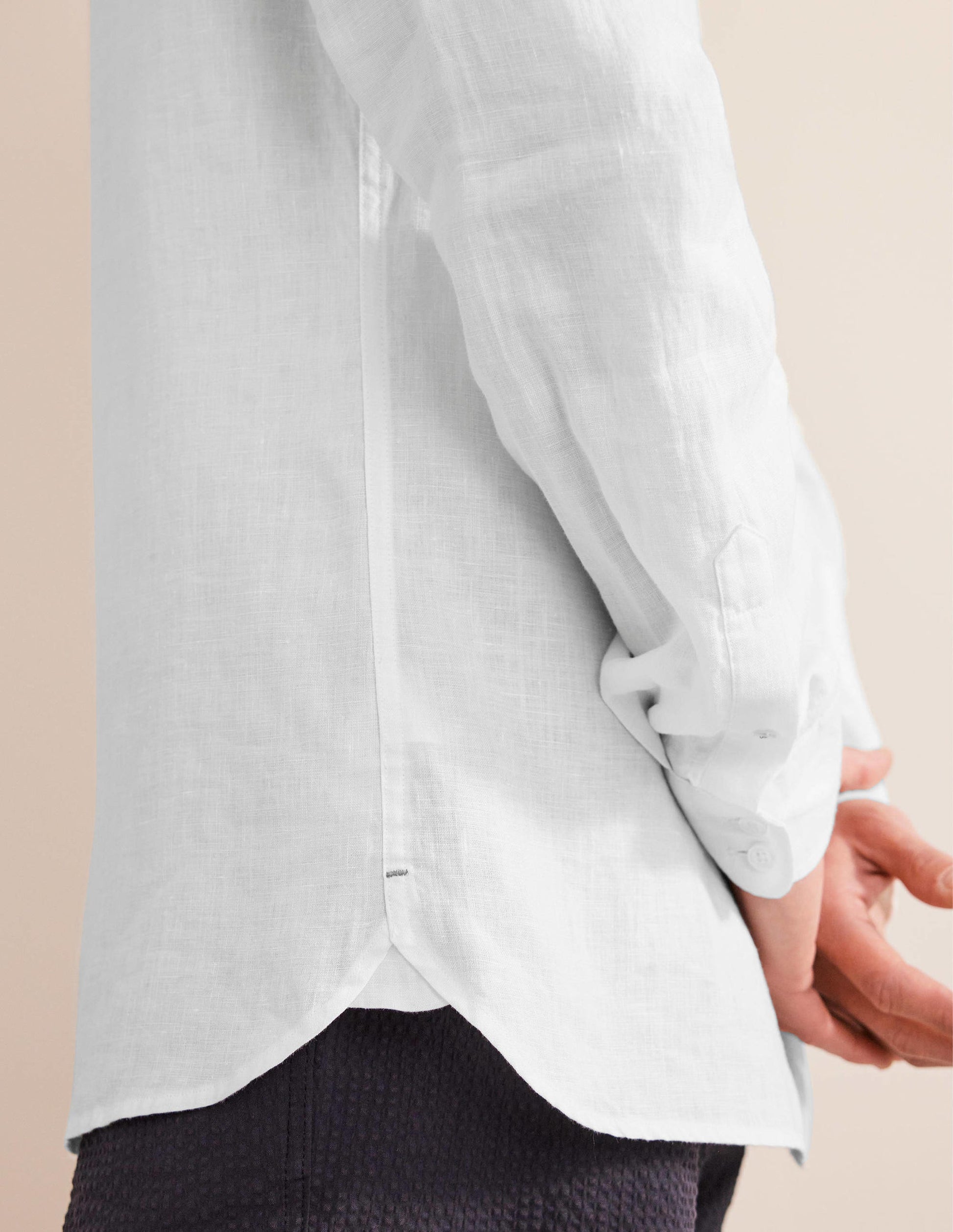 Grandad Collar Linen Shirt-White-2