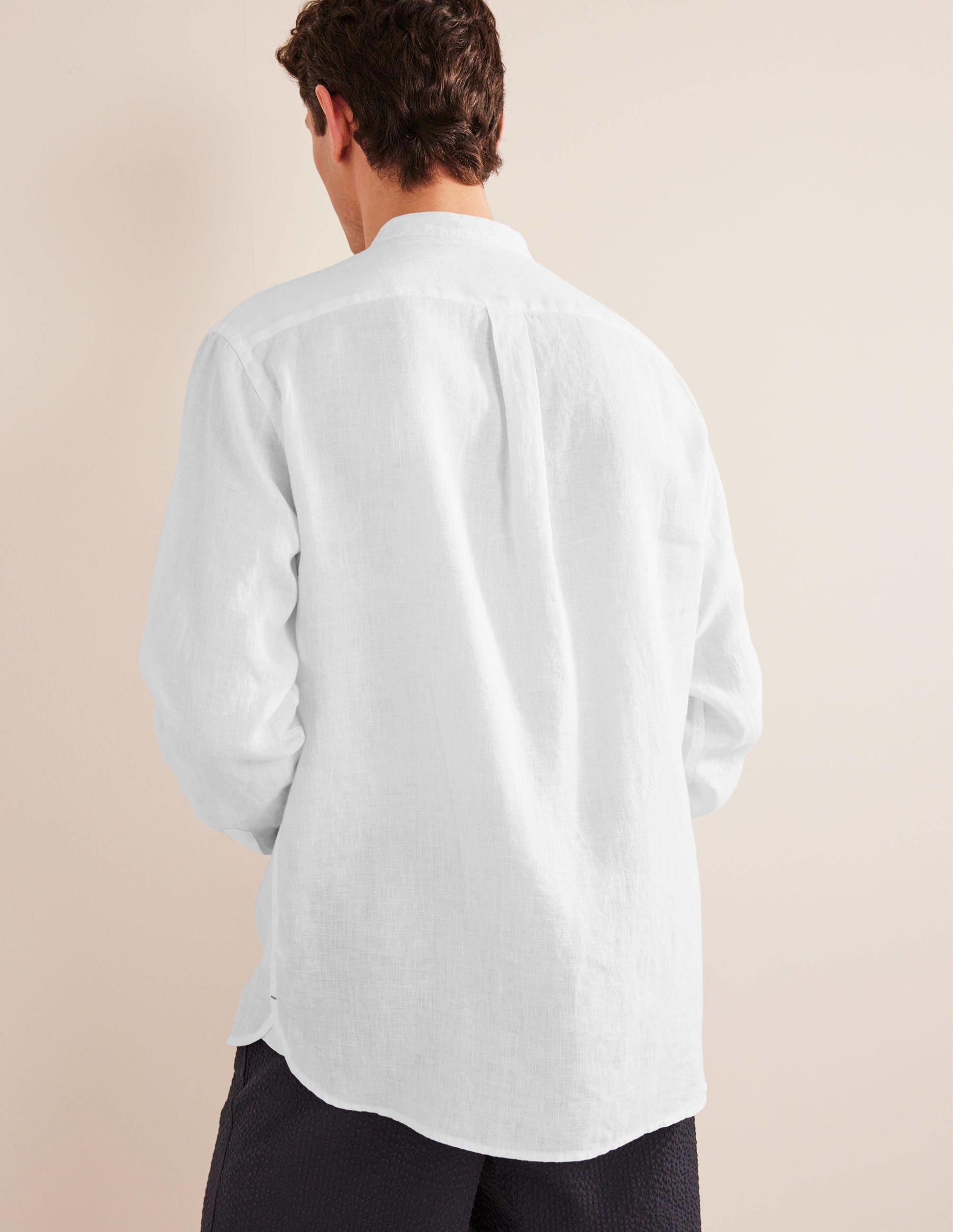 Grandad Collar Linen Shirt-White-3