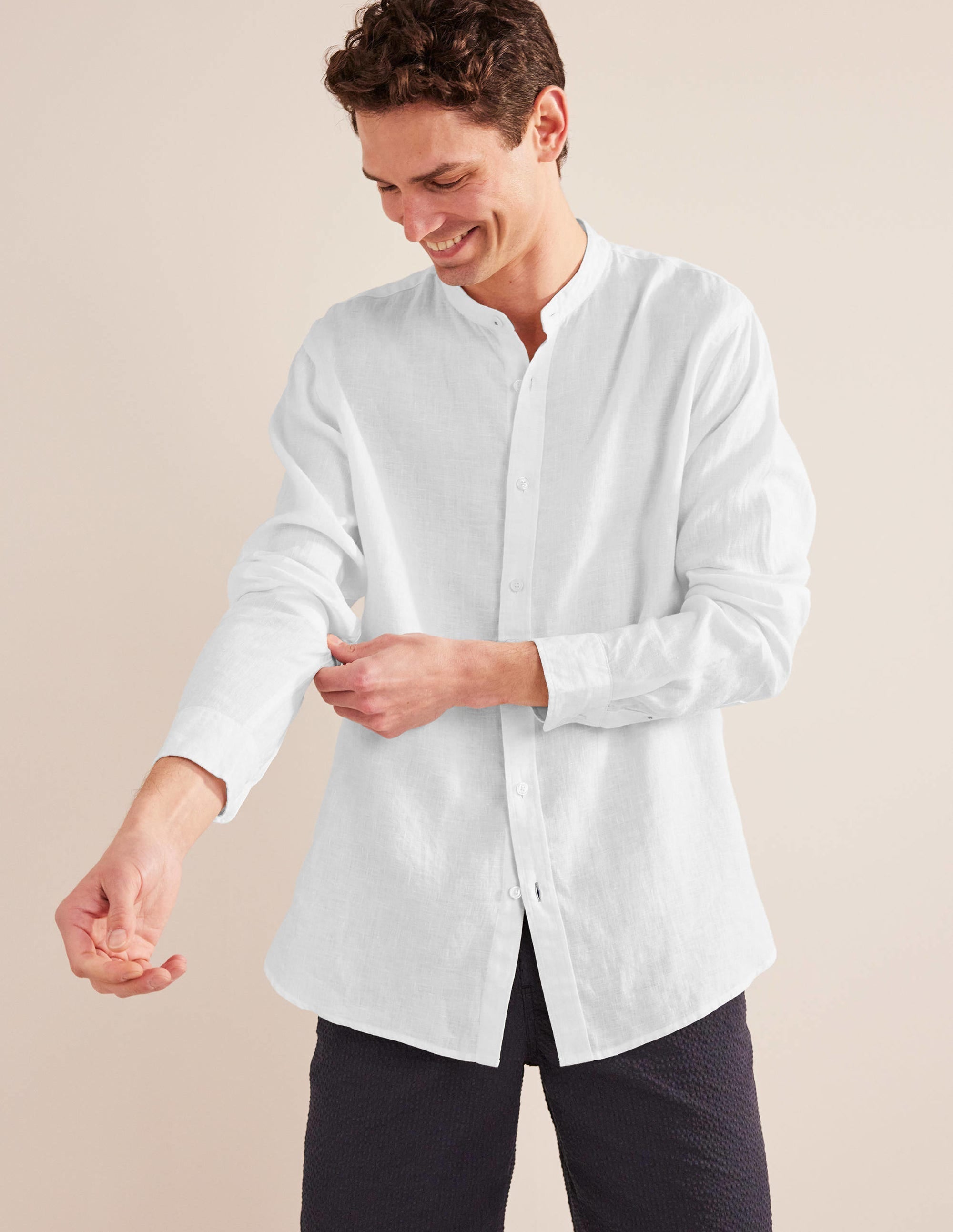 Grandad Collar Linen Shirt-White - Image 4