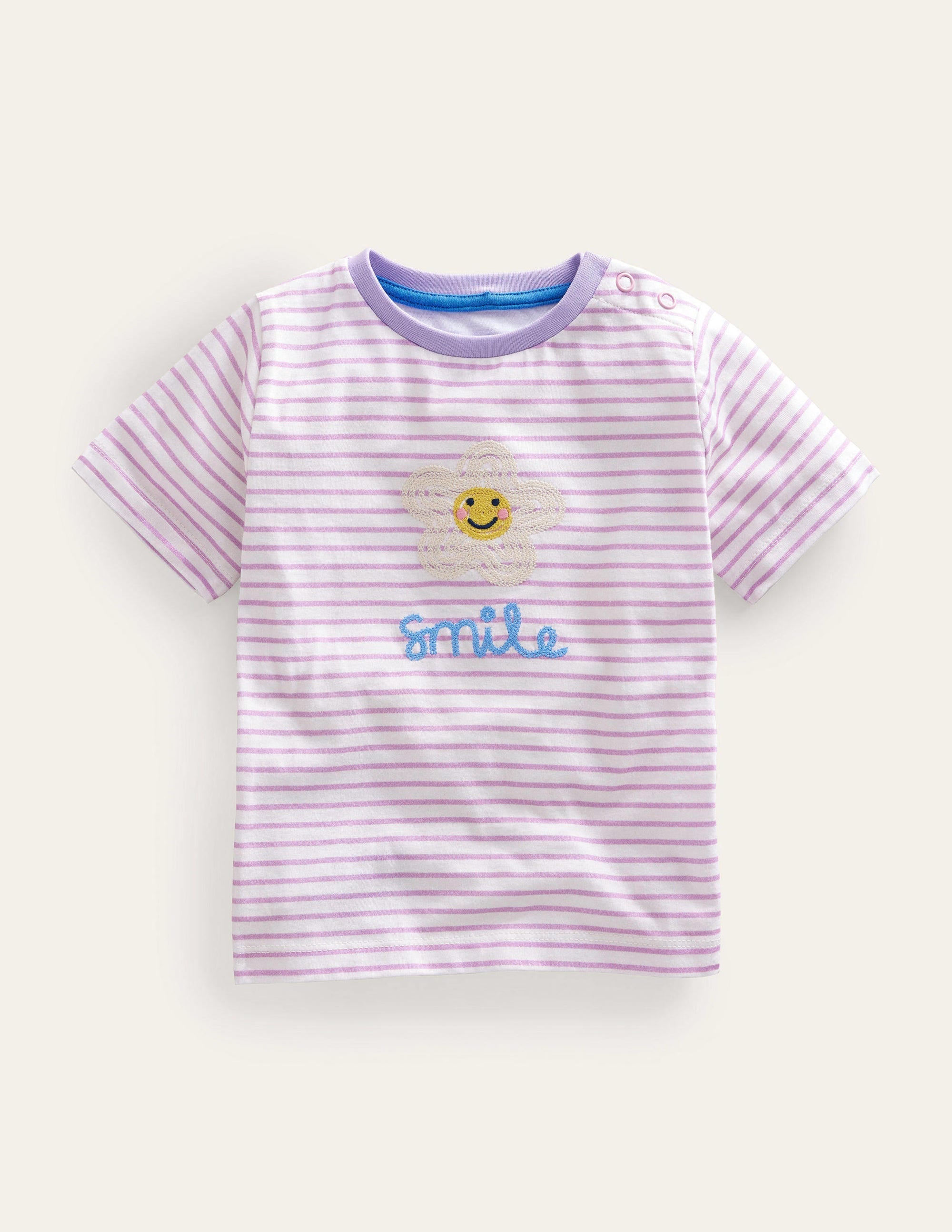 Embroidered Graphic T-shirt-Ivory/Soft Lavender Smile - Image 1