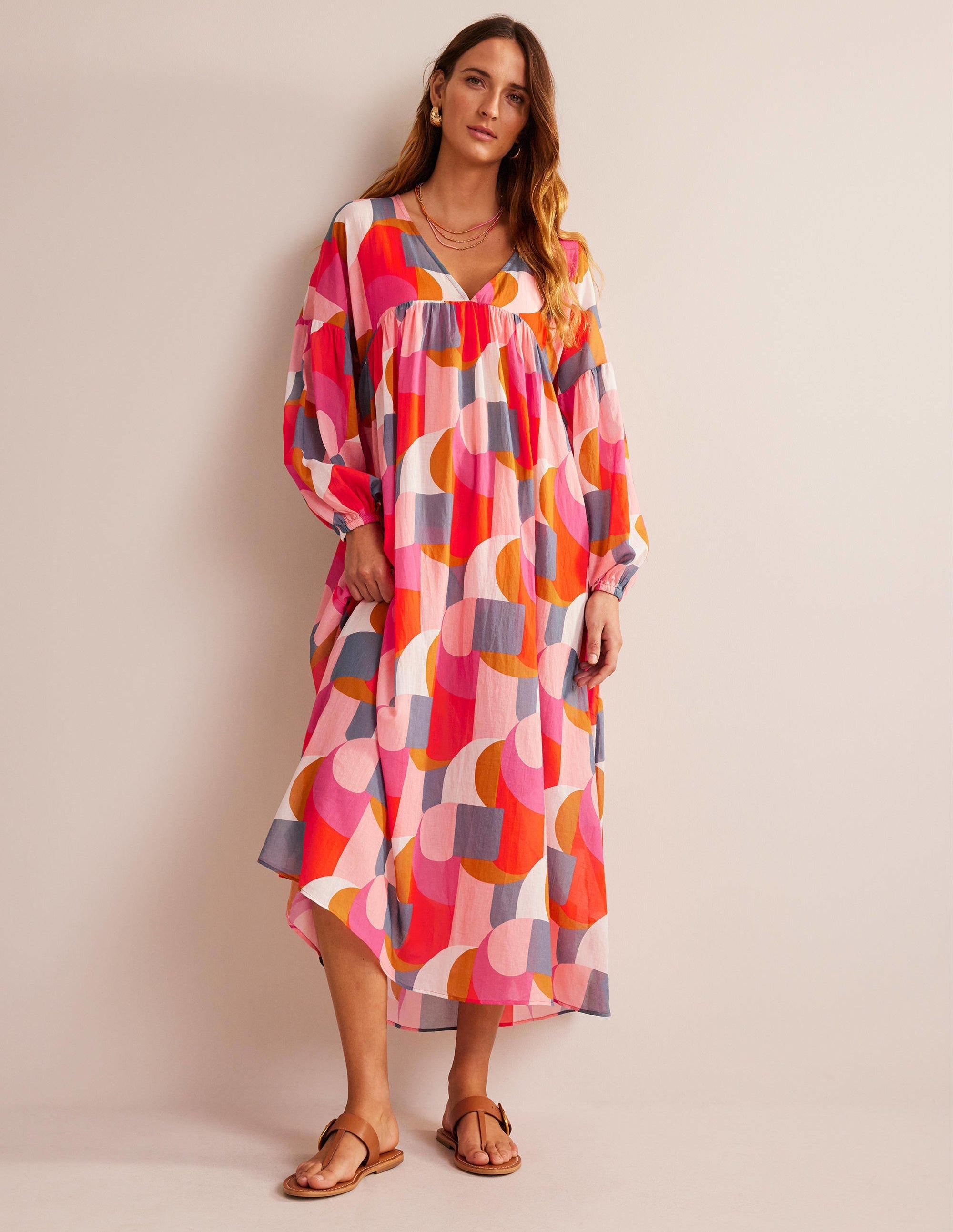 Sarah Maxi Kaftan Dress-Festival Pink, Geometric Swirl - Image 1