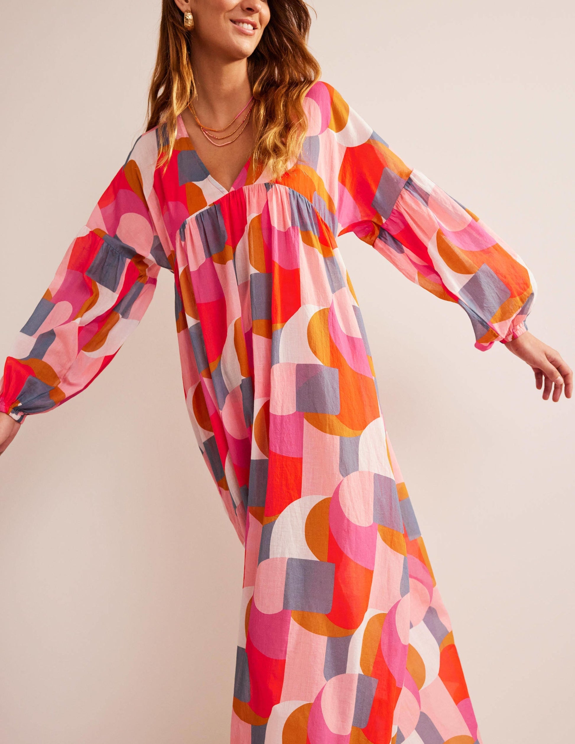 Sarah Maxi Kaftan Dress-Festival Pink, Geometric Swirl-4