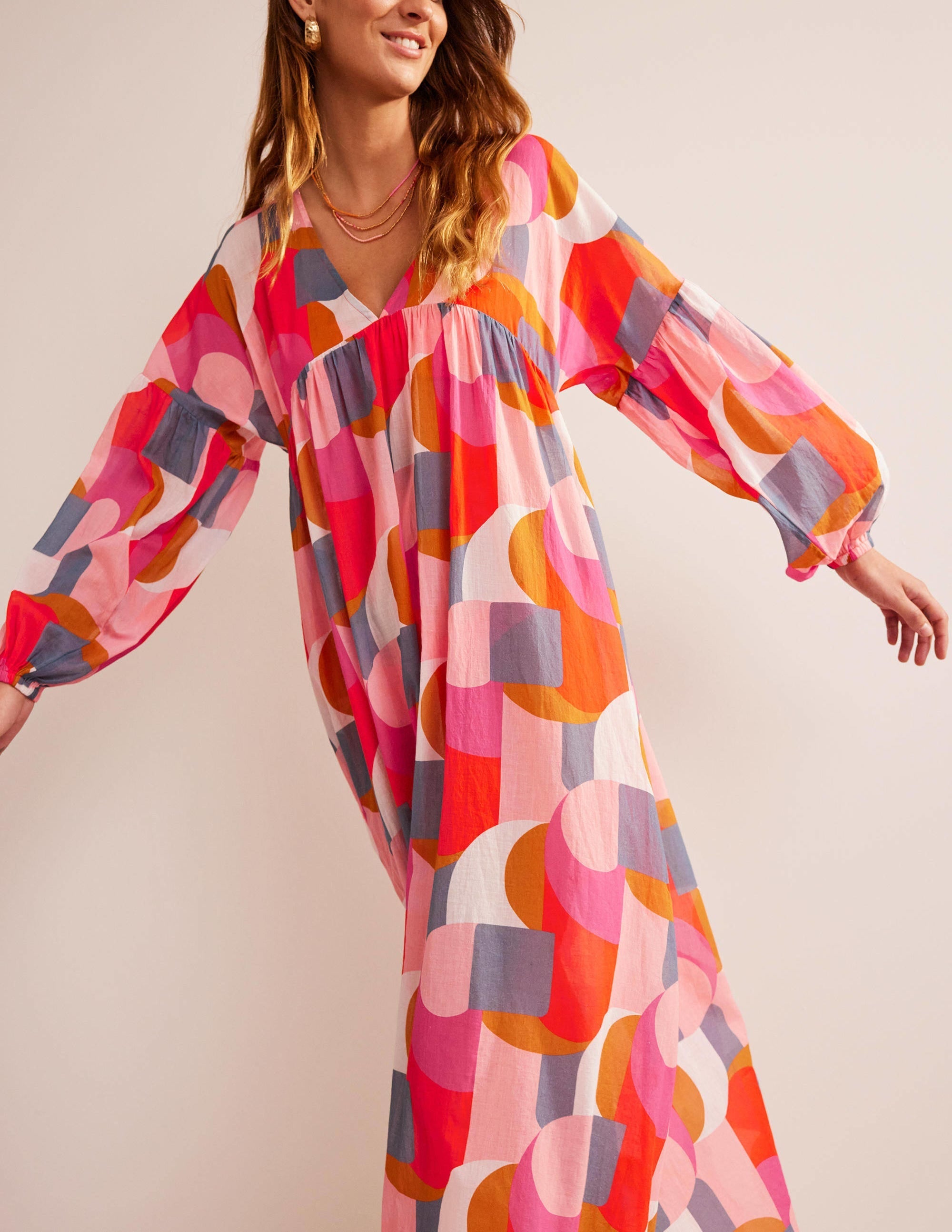 Sarah Maxi Kaftan Dress-Festival Pink, Geometric Swirl - Image 4