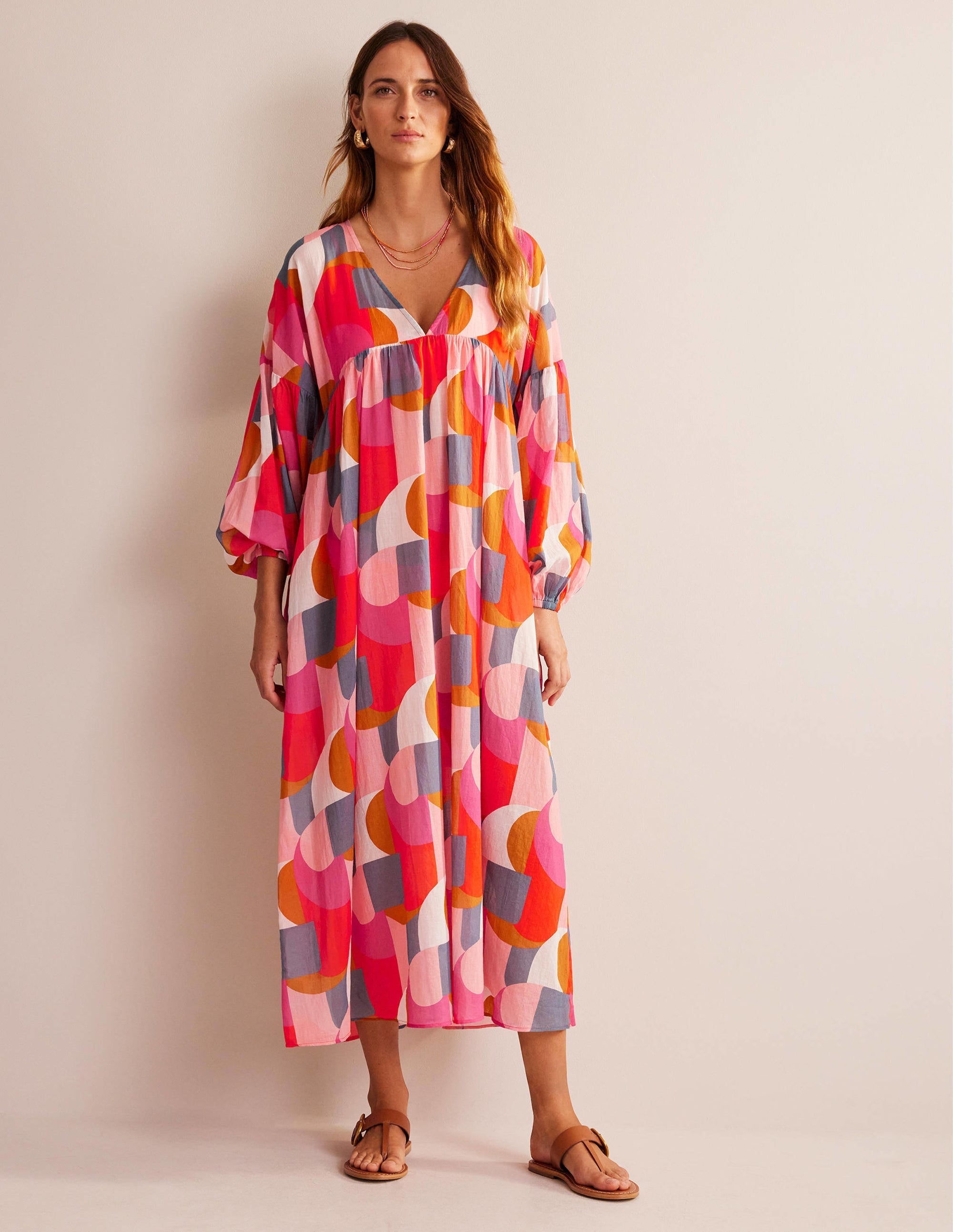 Sarah Maxi Kaftan Dress-Festival Pink, Geometric Swirl - Image 5