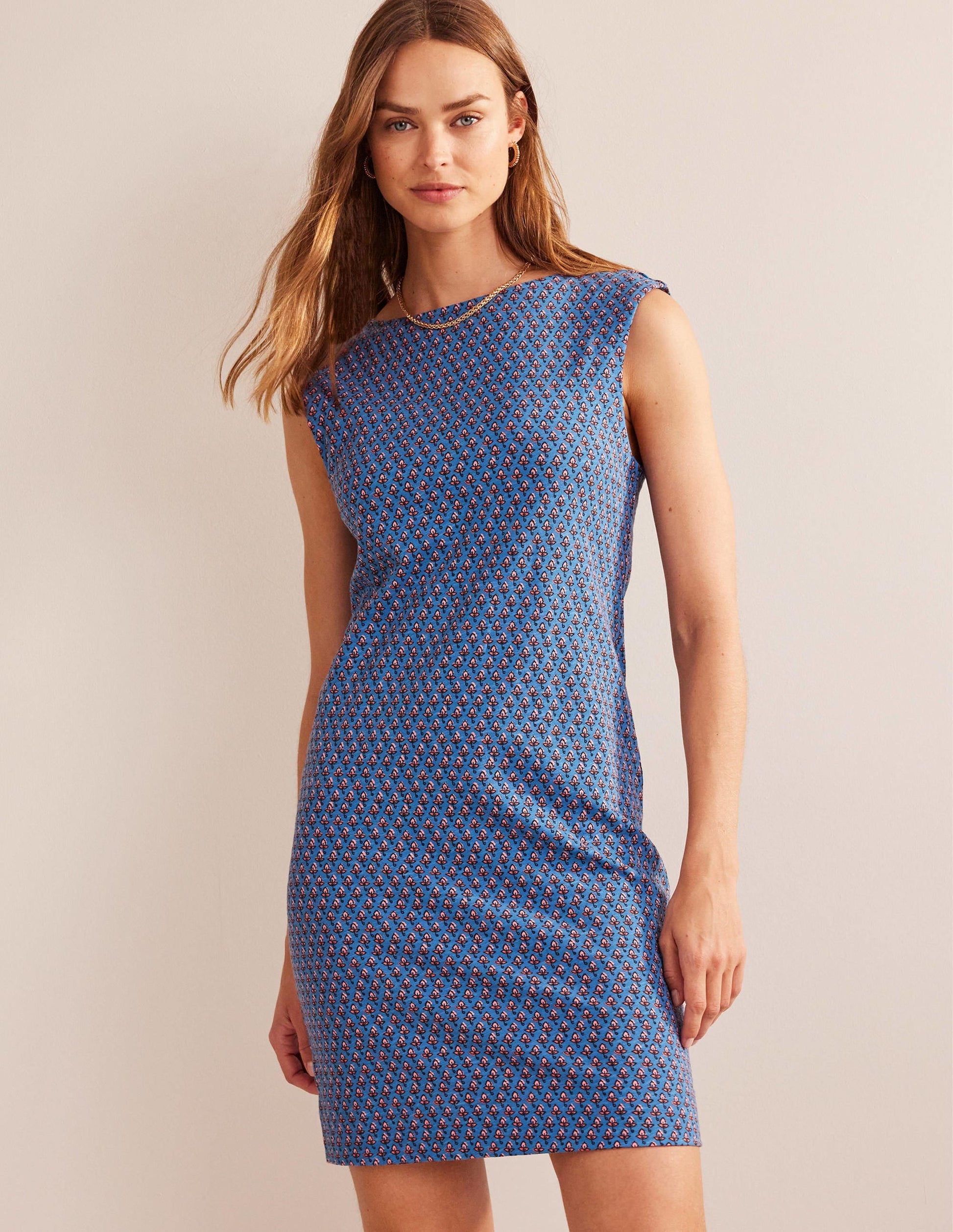 Sleeveless Jersey Shift Dress-Aegean Blue, Tulip Blush-1