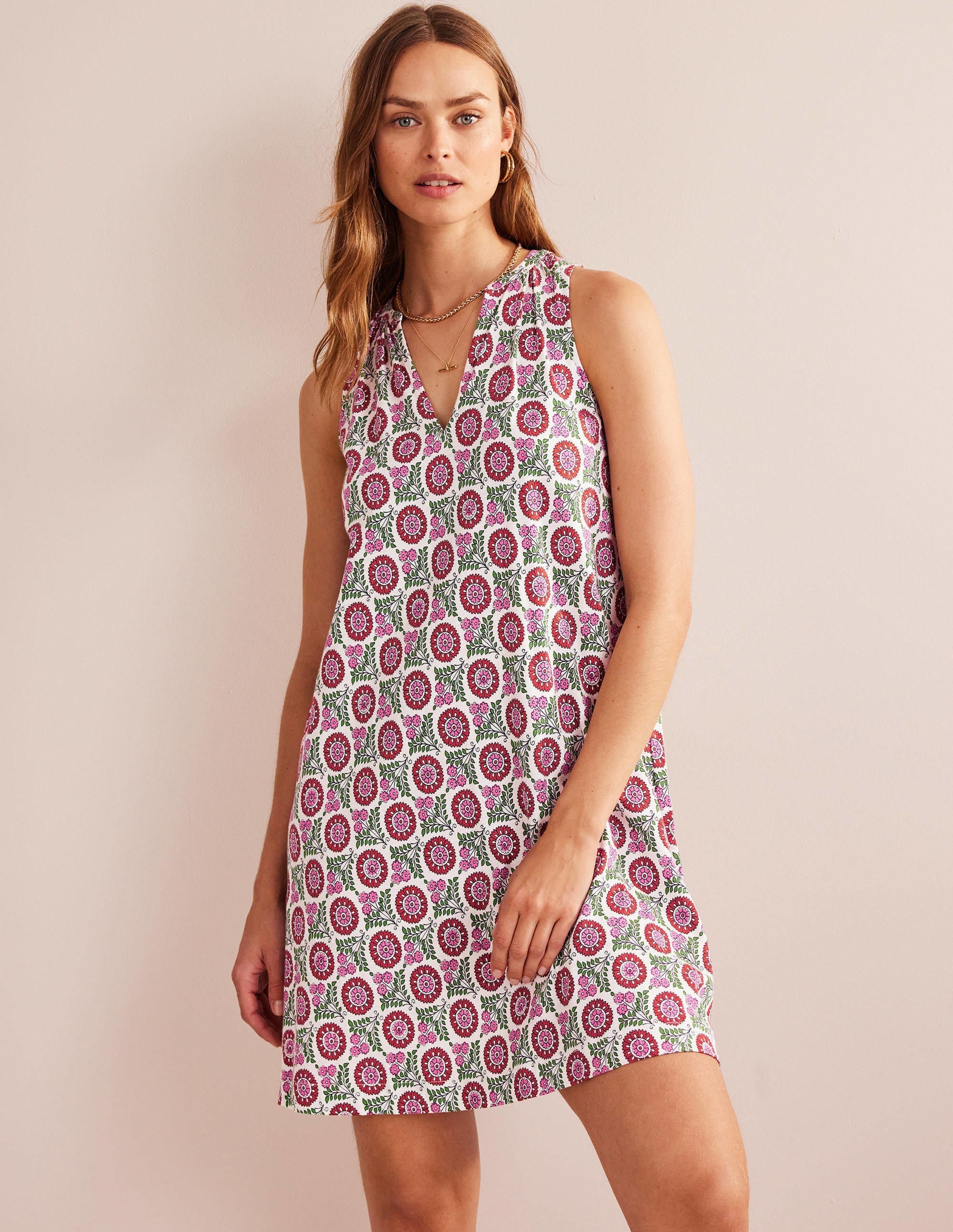 Notch-Neck Jersey Dress-Gin Fizz, Sunflower Sprig - Image 1