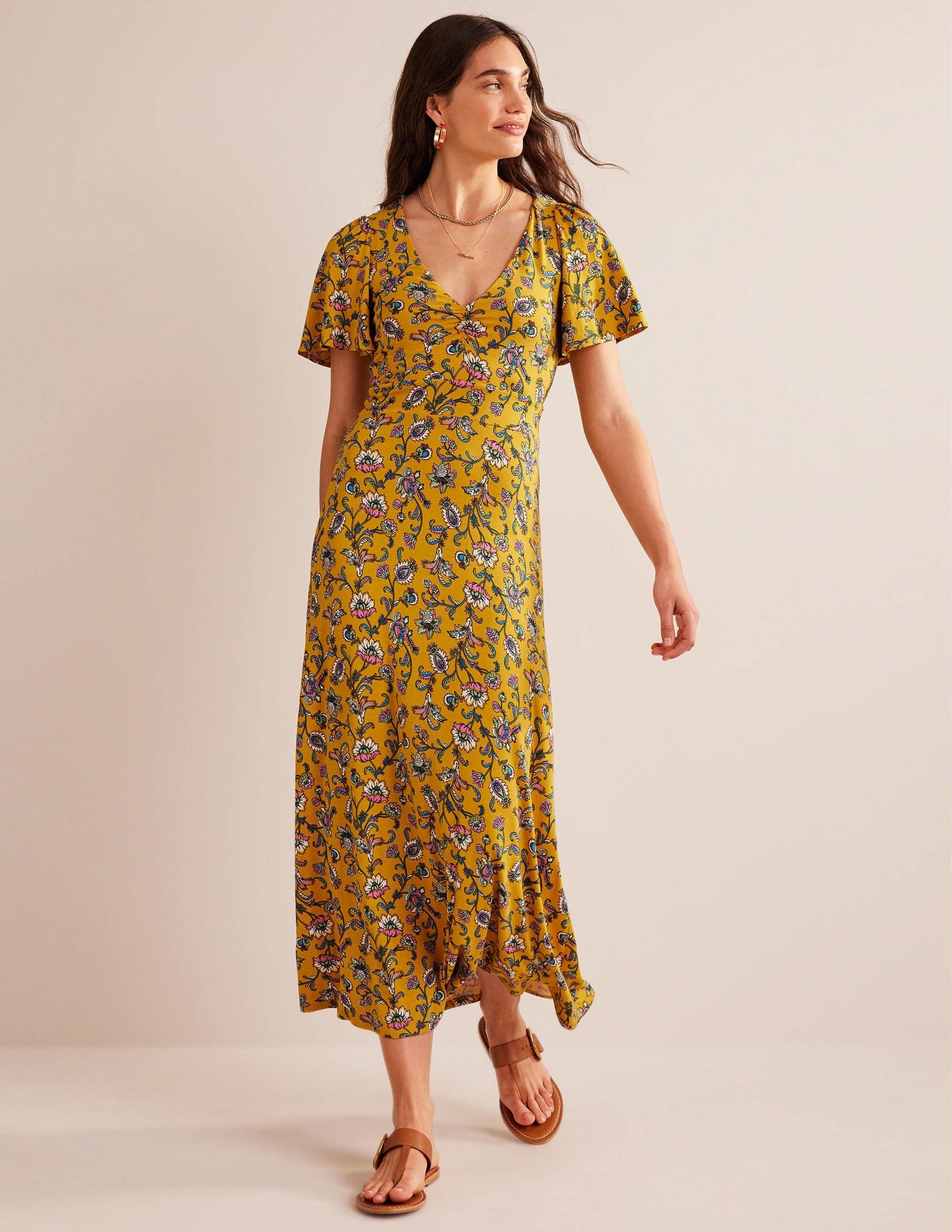 V-Neck Jersey Midi Dress-Mustard Seed, Meadow Fall-2