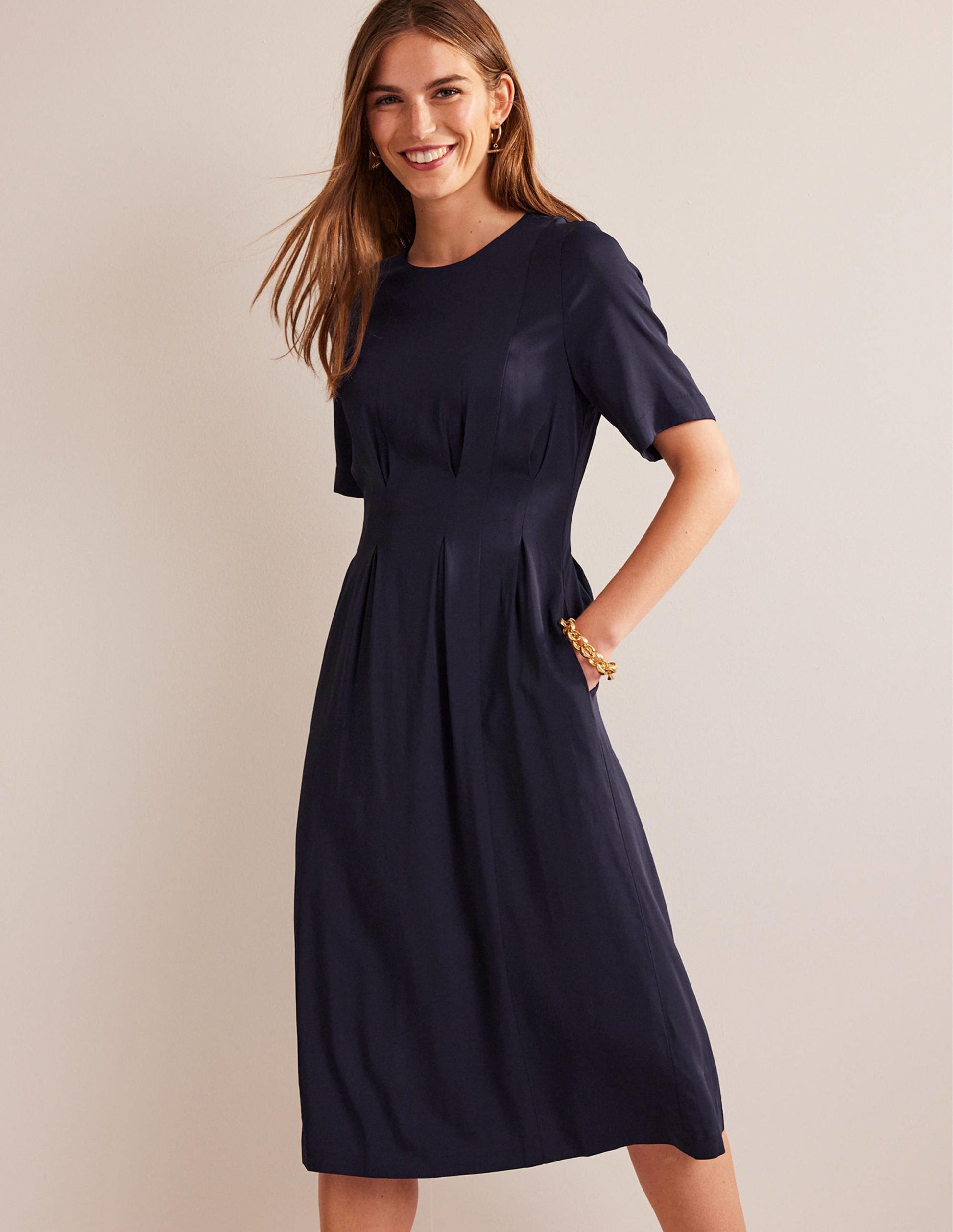 Pleated Midi Dress-Navy-1