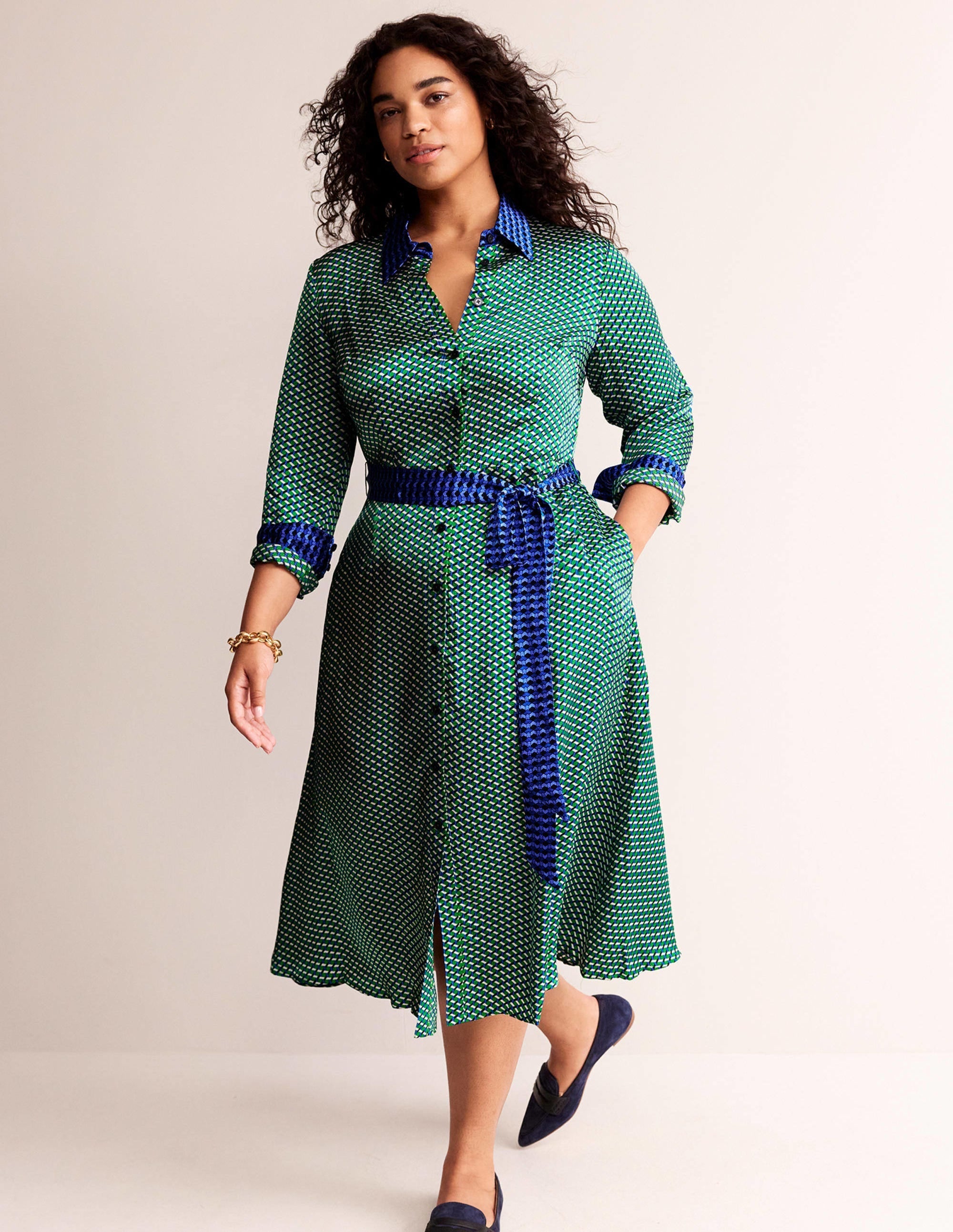 Kate Satin Shirt Dress-Bright Green, Geo Daze - Image 7