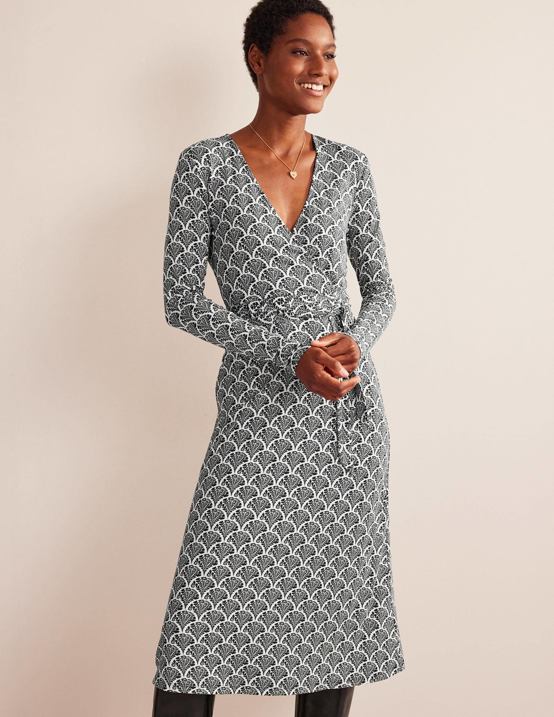 Nina Jersey Midi Dress-Black, Blossomy-1