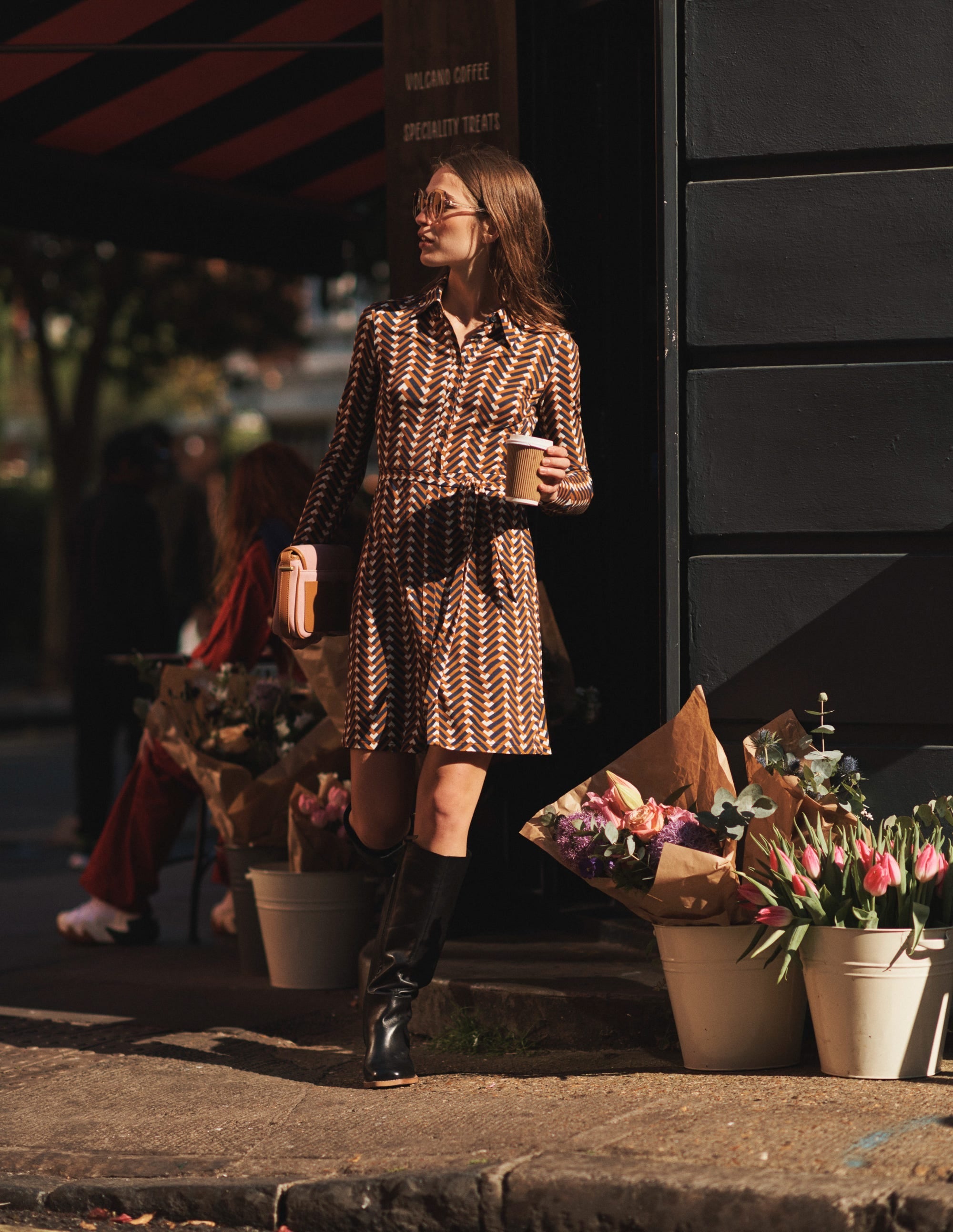Jessie Jersey Shirt Dress-Pumpkin, Chevron Geo - Image 5