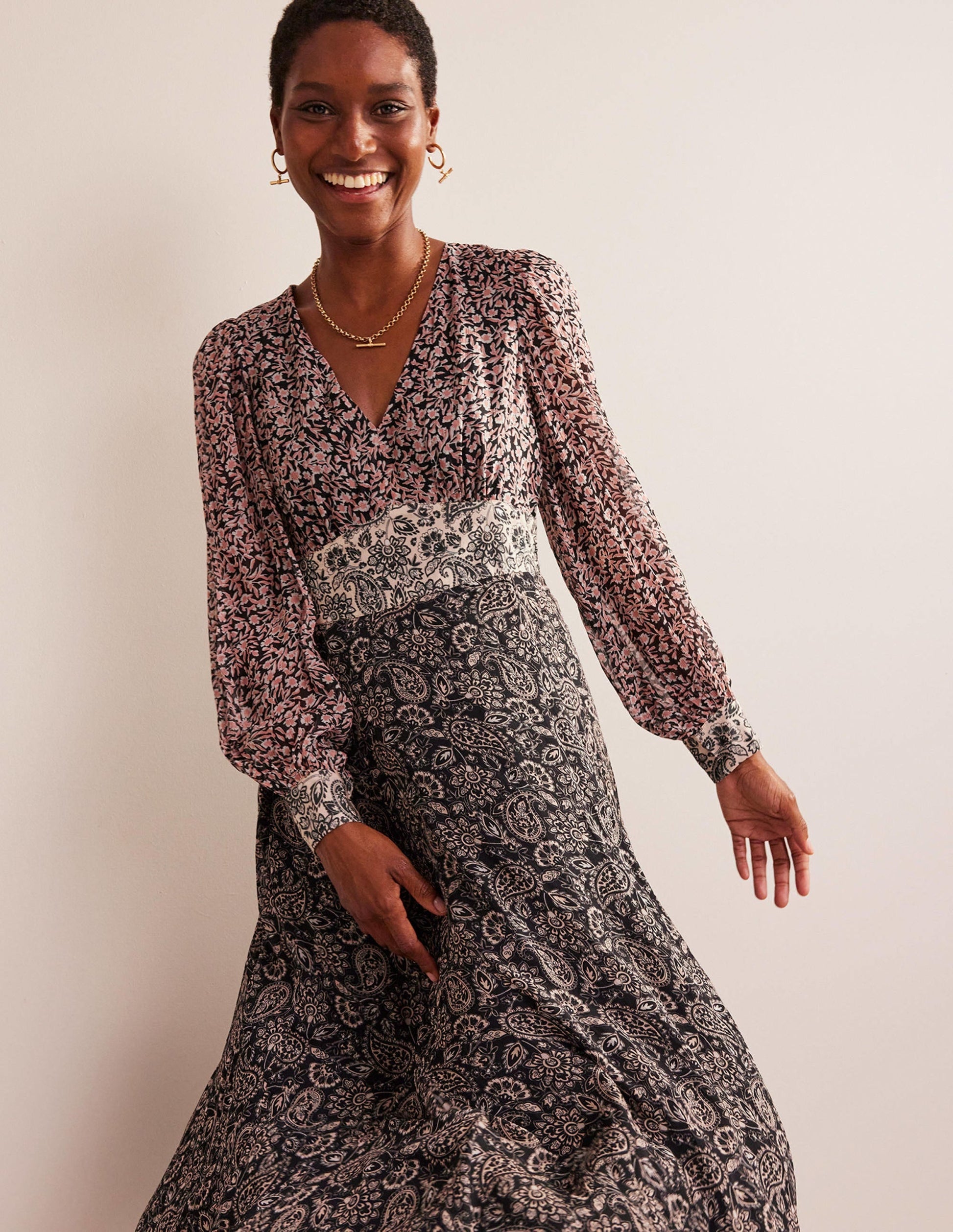 Imelda Remix Contrasting Dress-Black, Abstract Vine-2