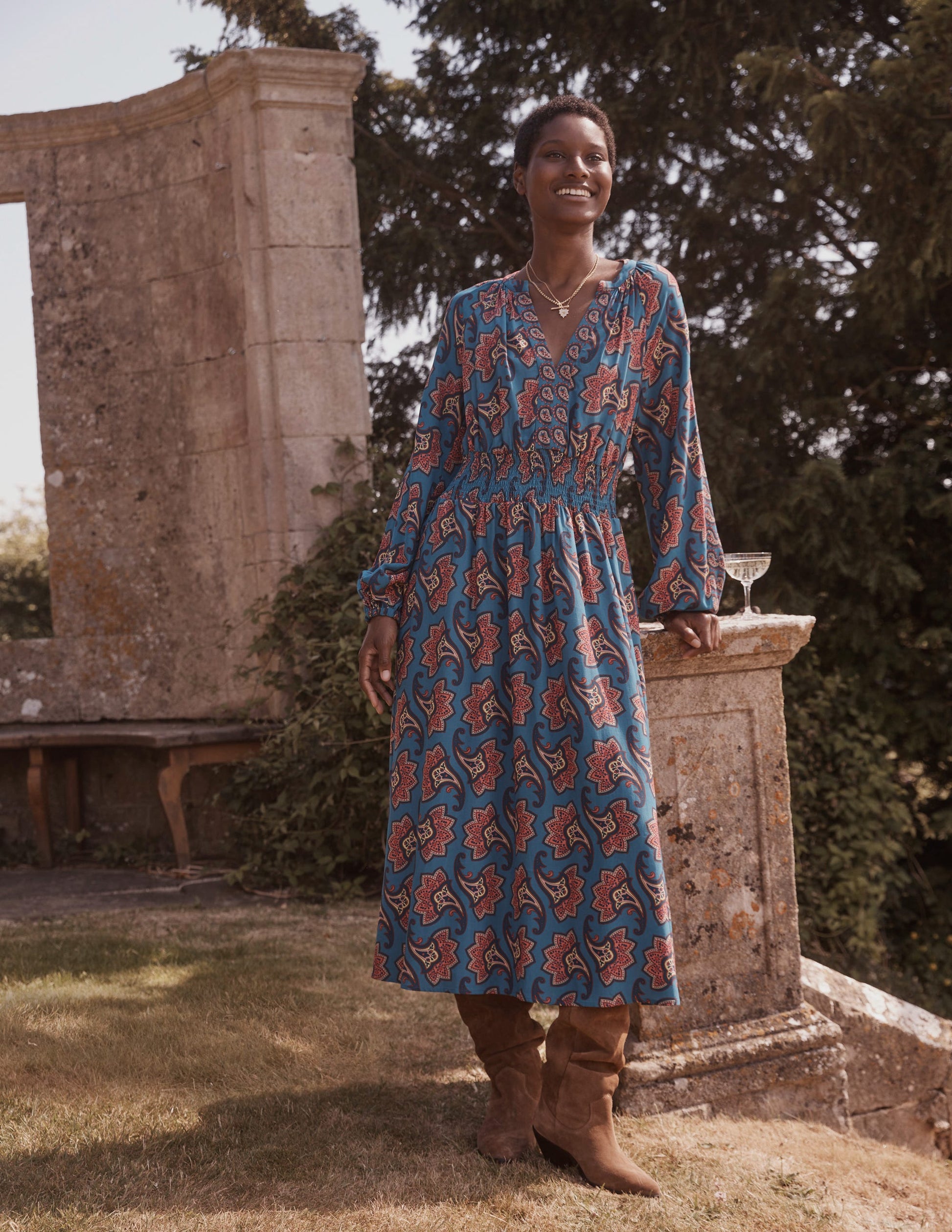 Border Print Raglan Midi Dress-Aegean Blue, Paisley Amaryllis-5