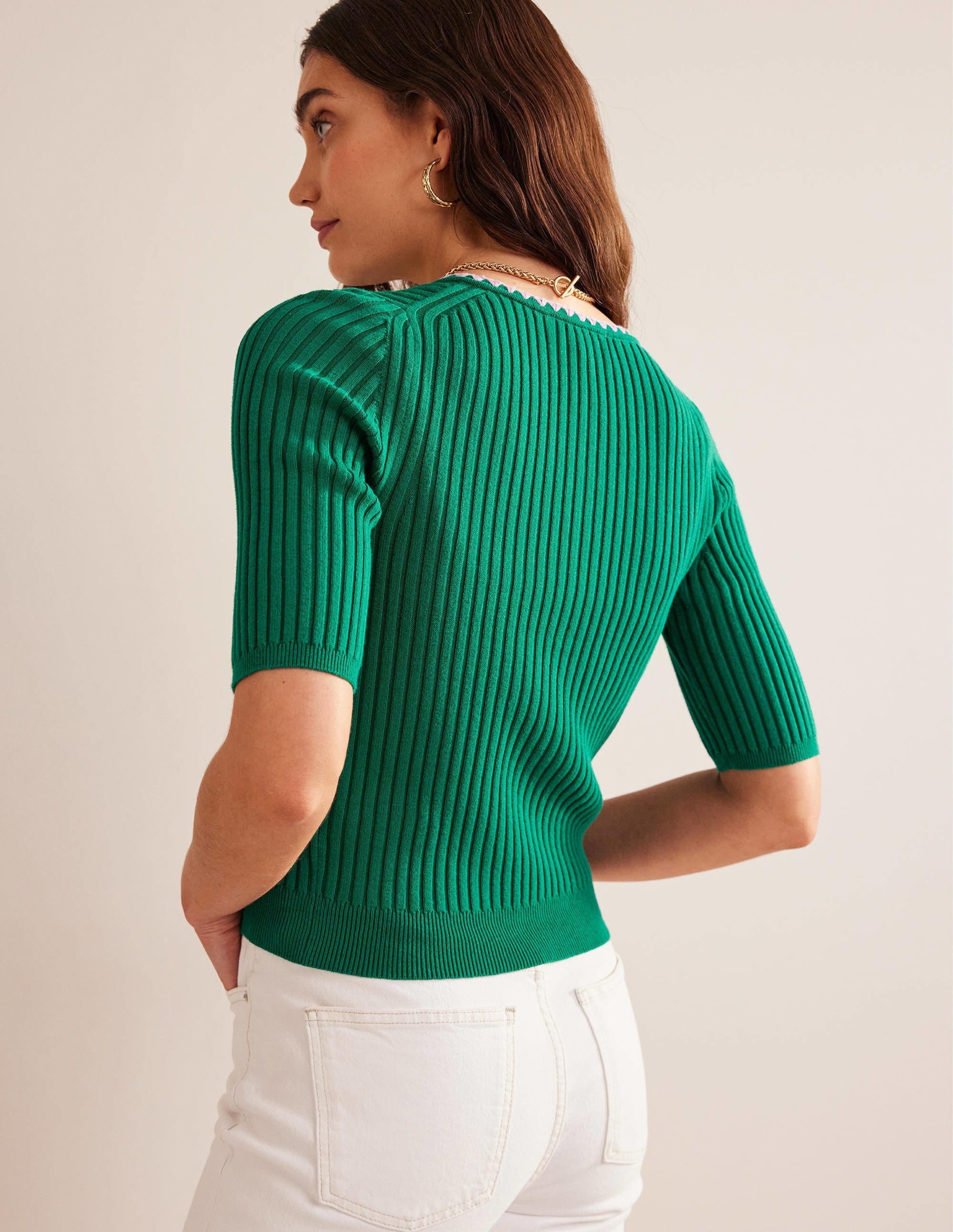 Crochet-Trim Ribbed Cardigan-Bright Emerald - Image 3