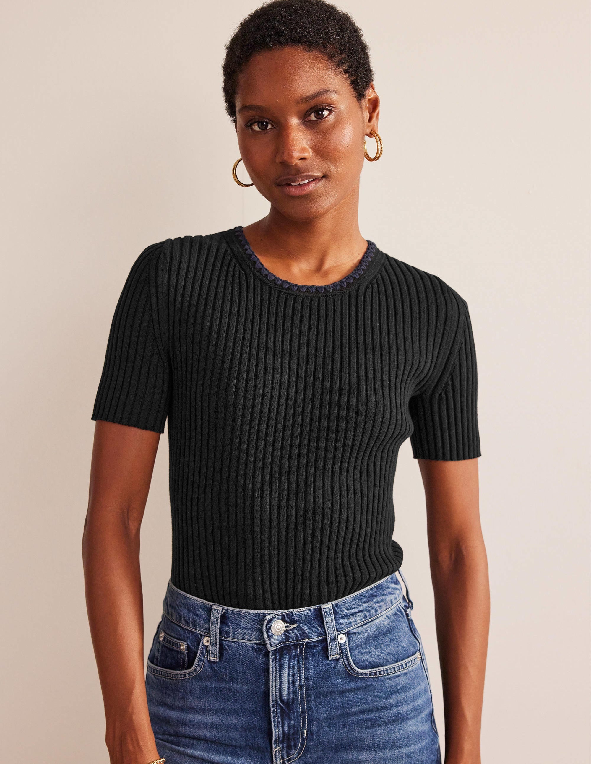 Crochet-Trim Knitted T-Shirt-Black - Image 1