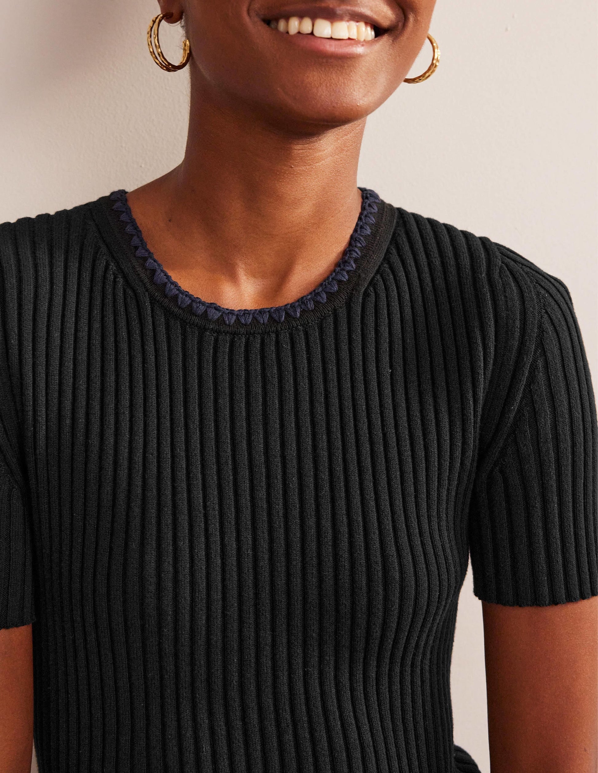 Crochet-Trim Knitted T-Shirt-Black-2