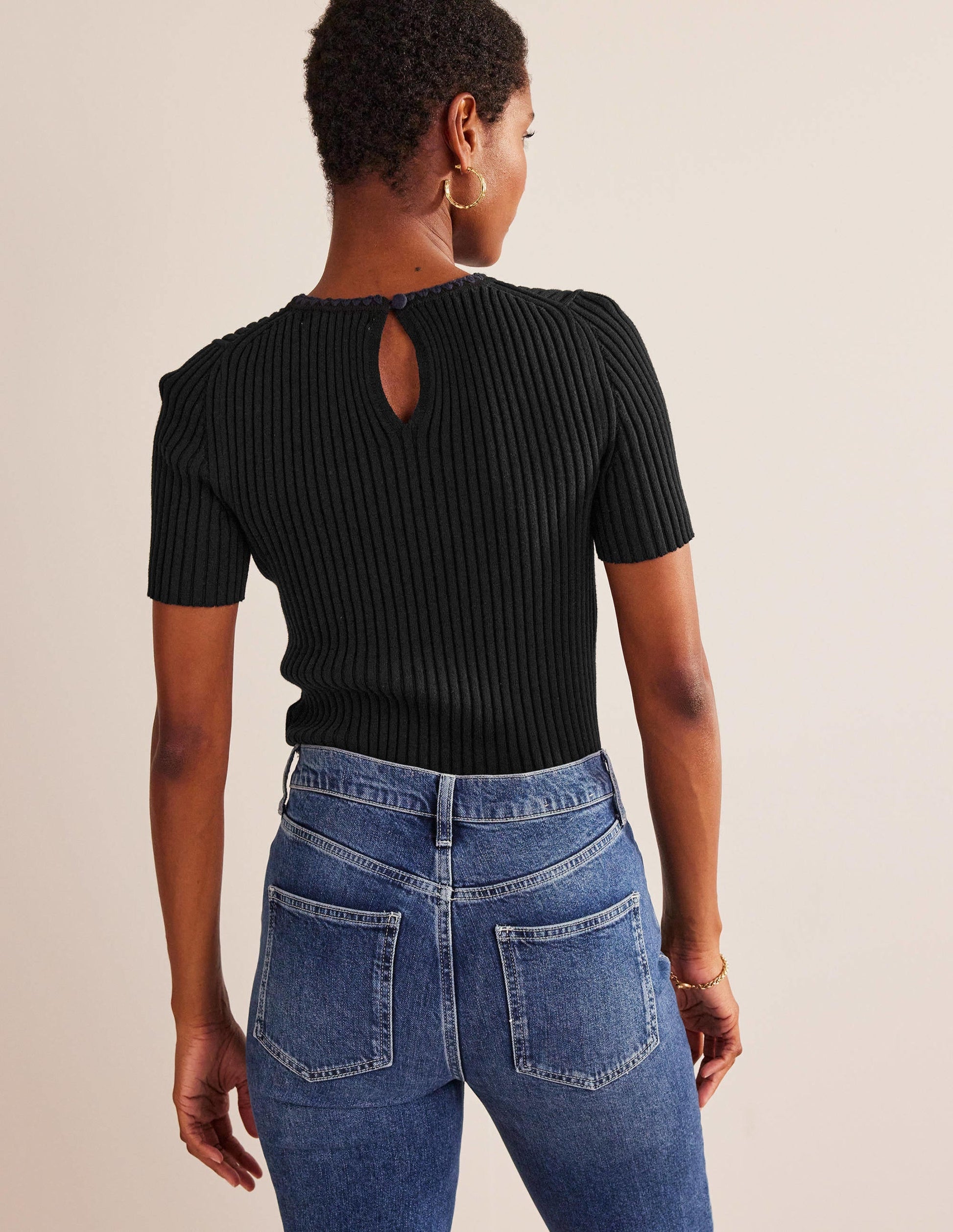 Crochet-Trim Knitted T-Shirt-Black-3