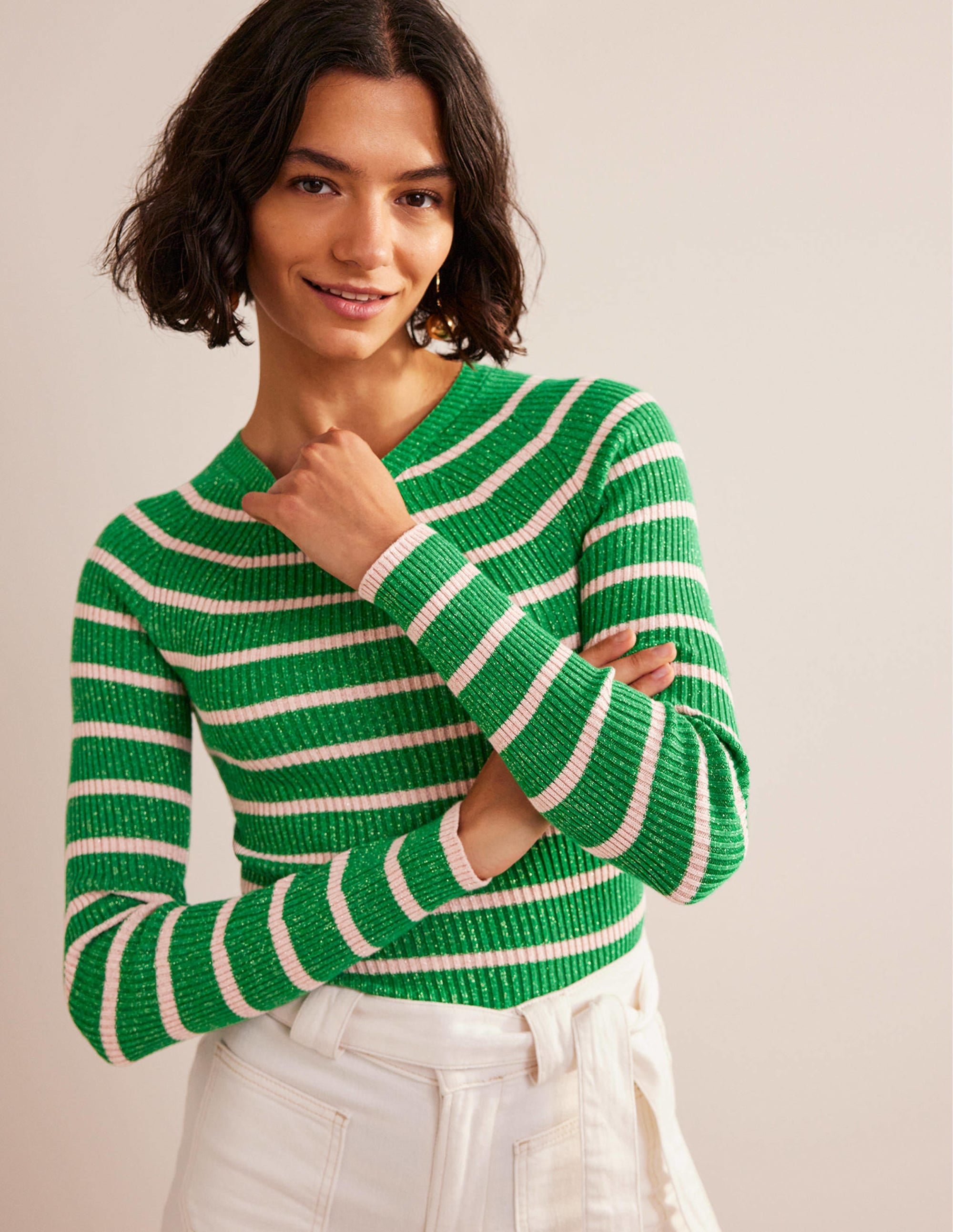 Effie Sparkle Stripe Jumper-Meadow Green, Chalky Pink - Image 1
