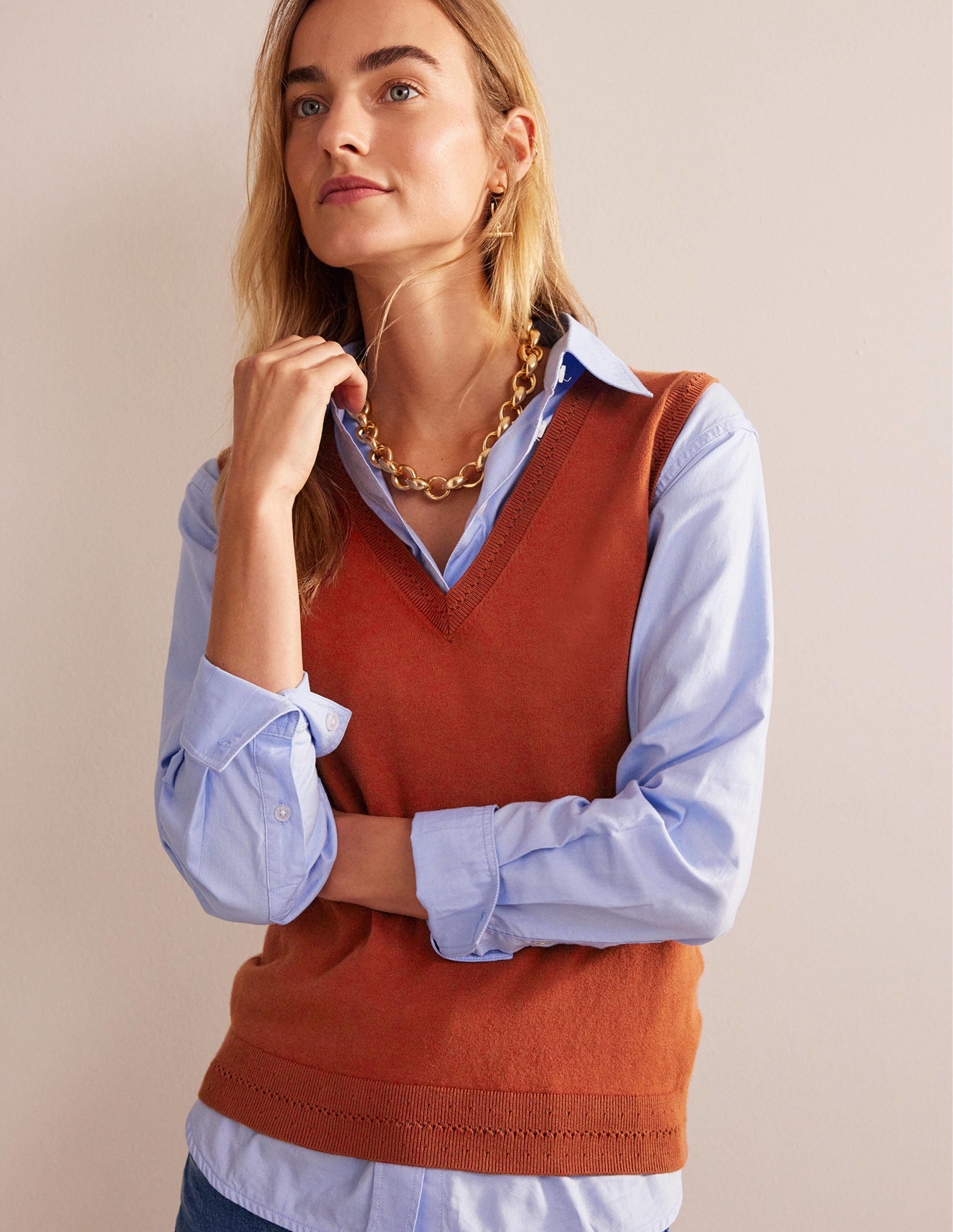Catriona Cotton V-Neck Tank-Chestnut Brown - Image 1