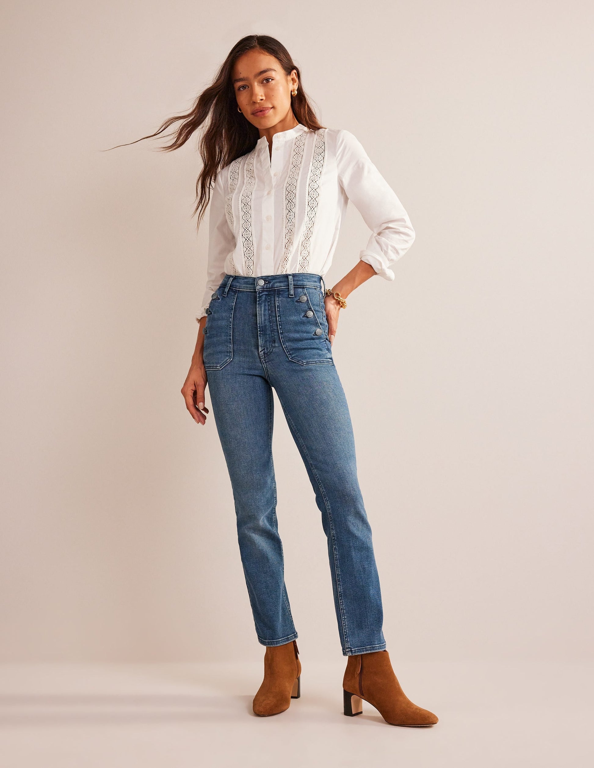 Button Detail Straight Jeans-Mid Vintage-1