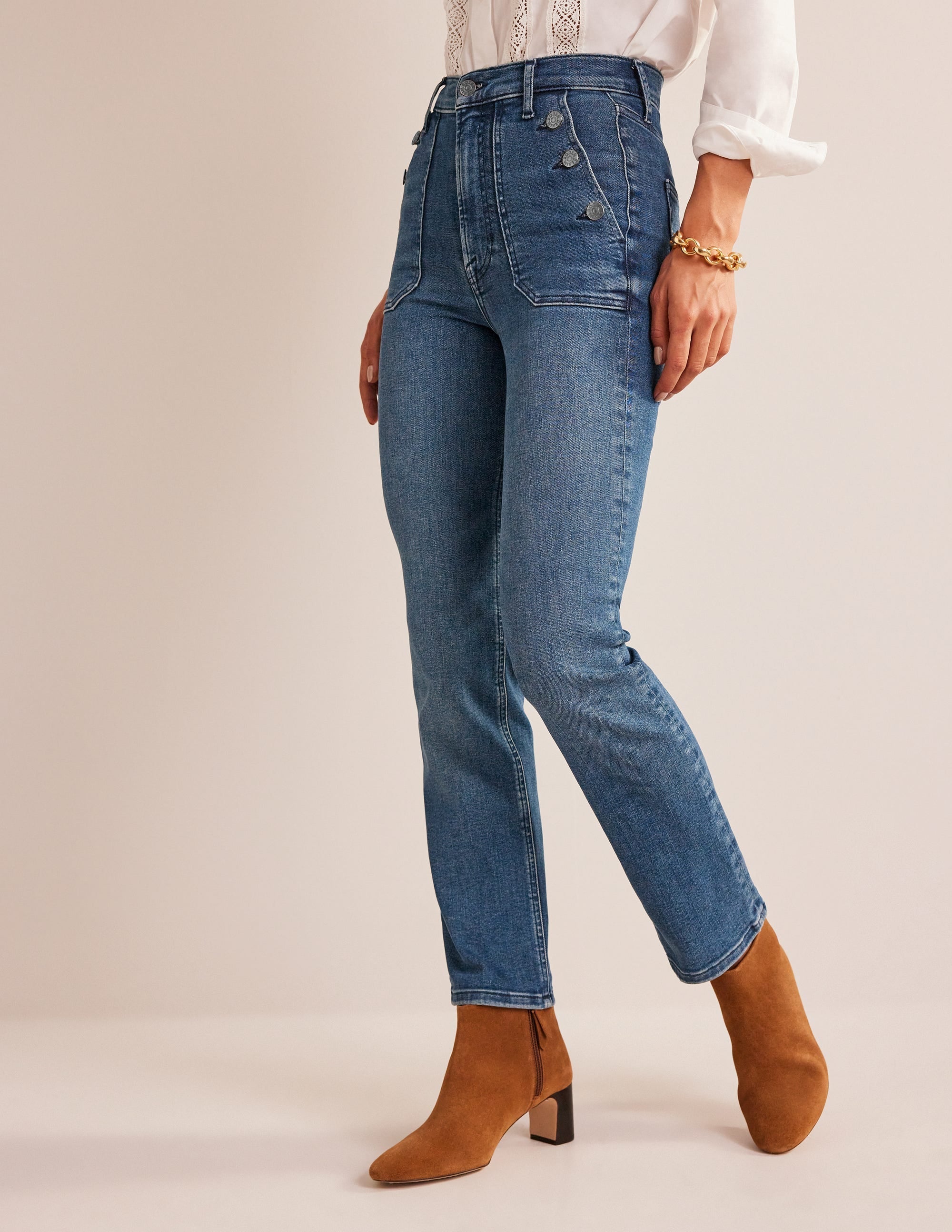 Button Detail Straight Jeans-Mid Vintage - Image 3