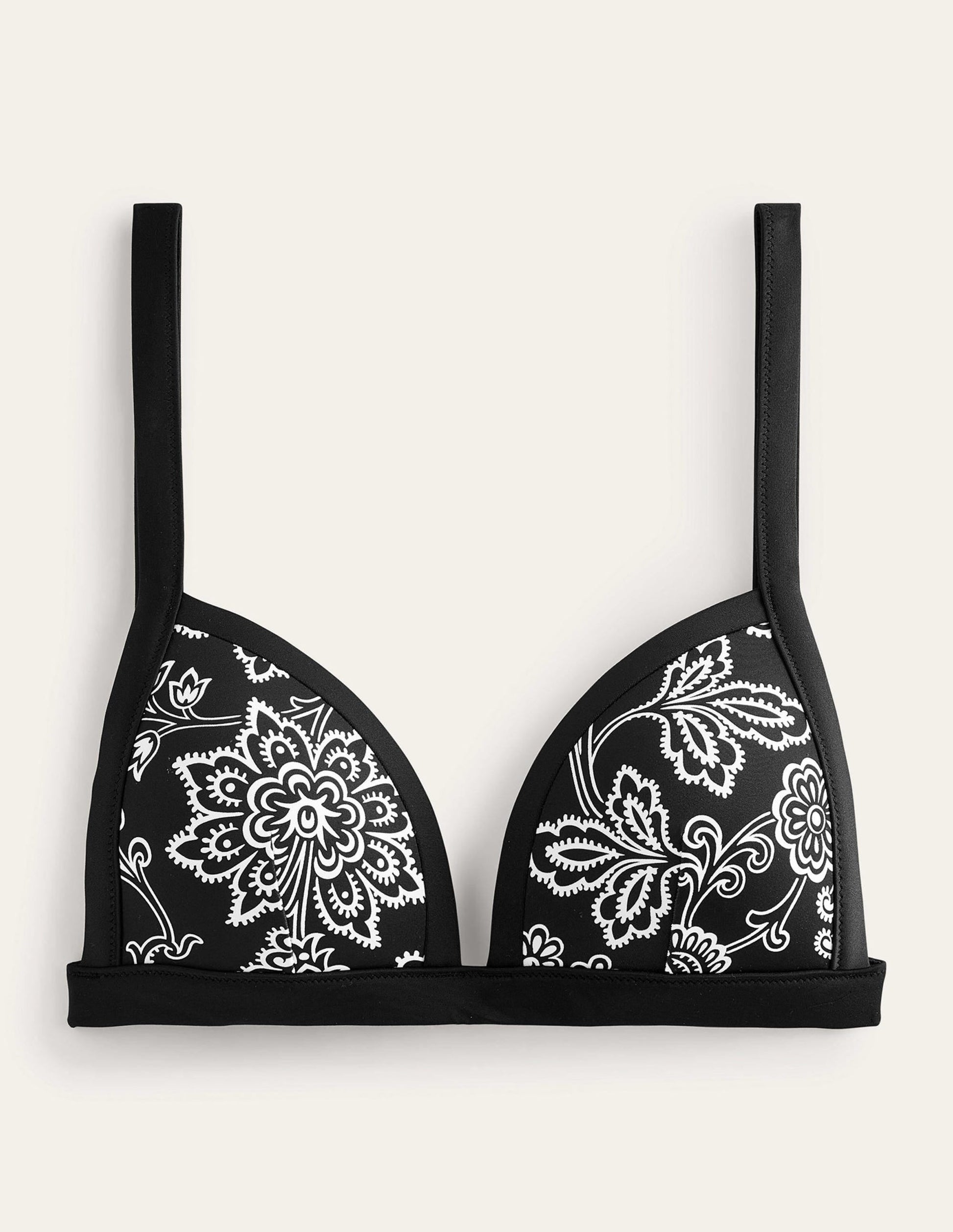 Triangle Panelled Bikini Top-Black, White Floral-5