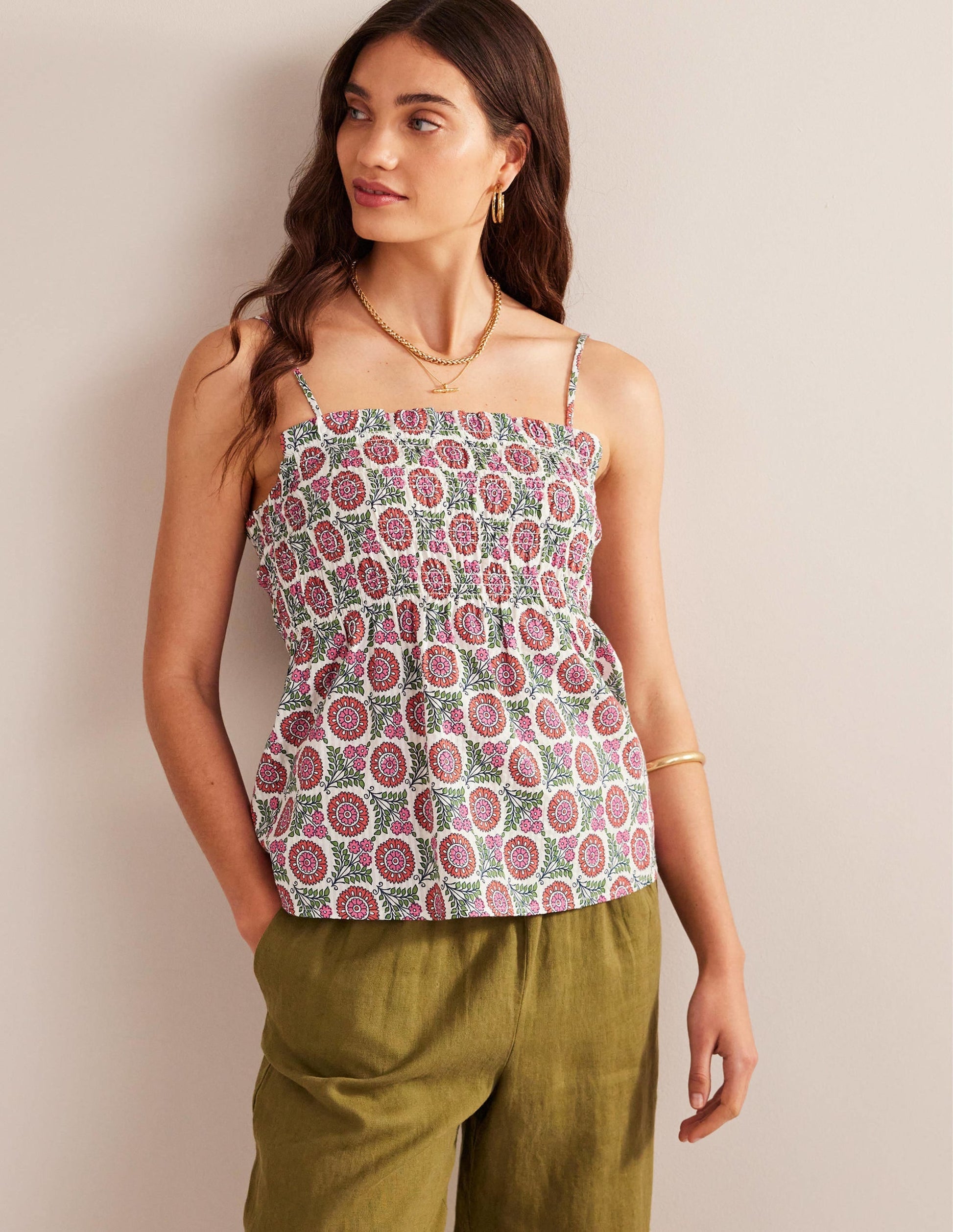 Smocked Cami Top-Gin Fizz, Sunflower Sprig-2