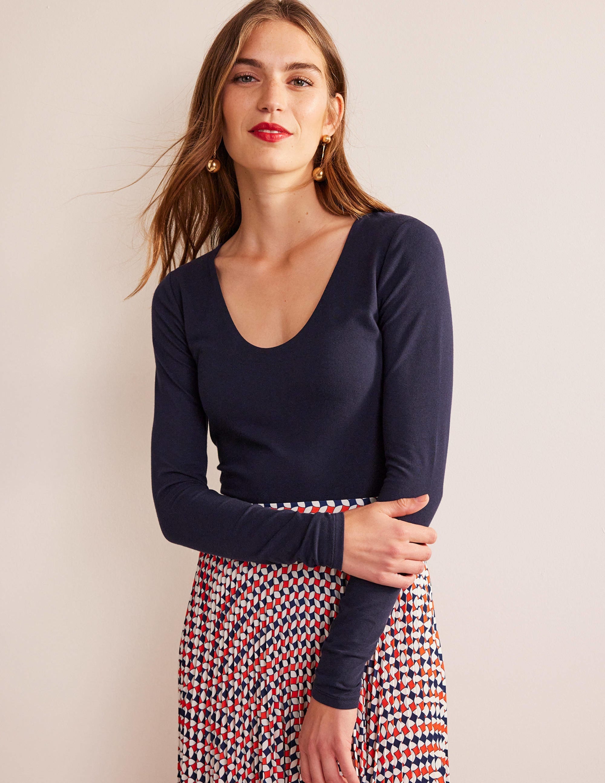 Double Layer Scoop Neck Top-Navy - Image 1