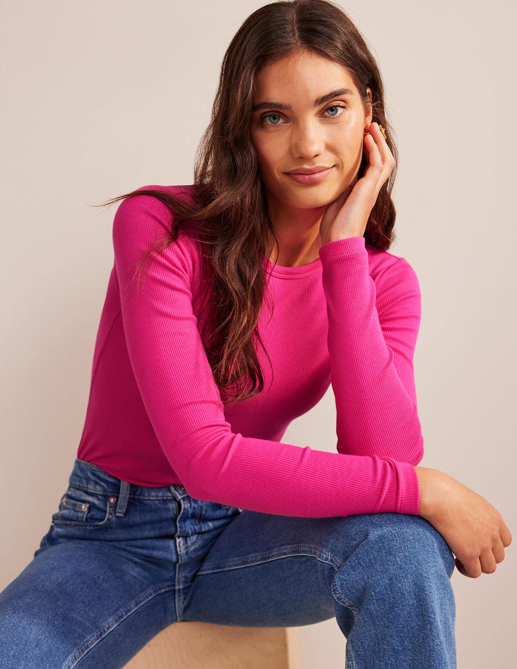 Cotton Ribbed Long Sleeve Top-Cabaret Pink - Image 4