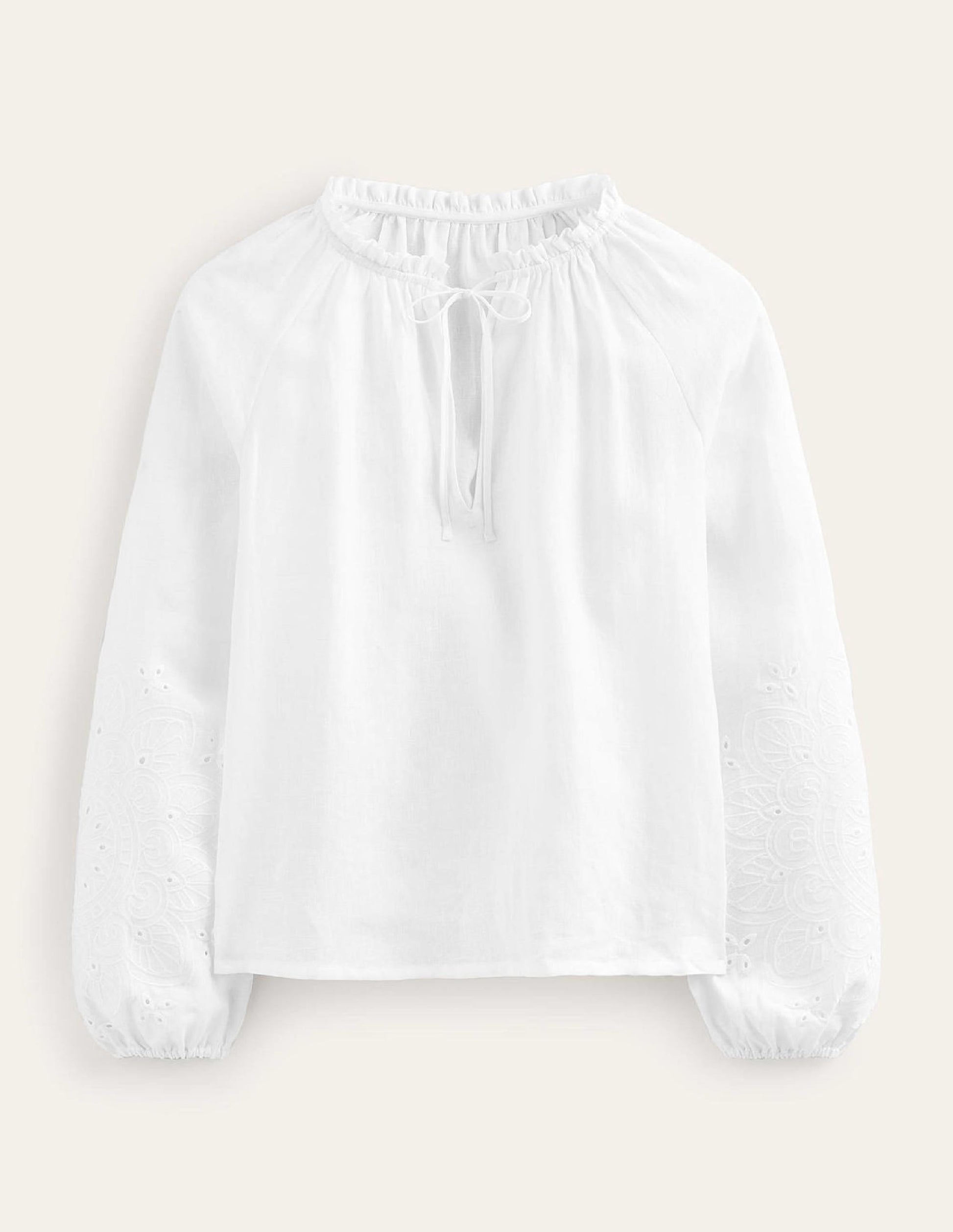 Broderie Tie-Neck Linen Top-White-7