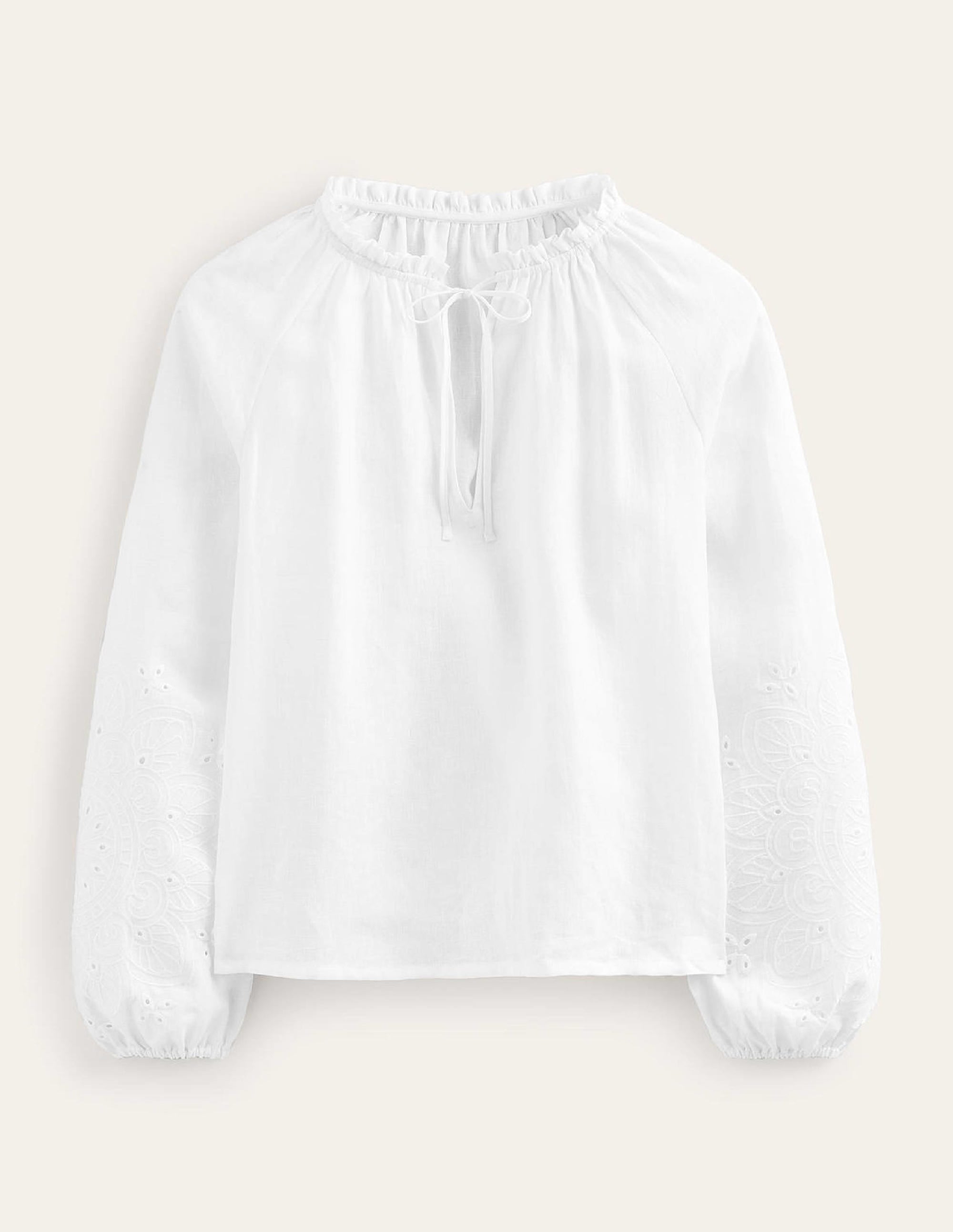 Broderie Tie-Neck Linen Top-White - Image 7