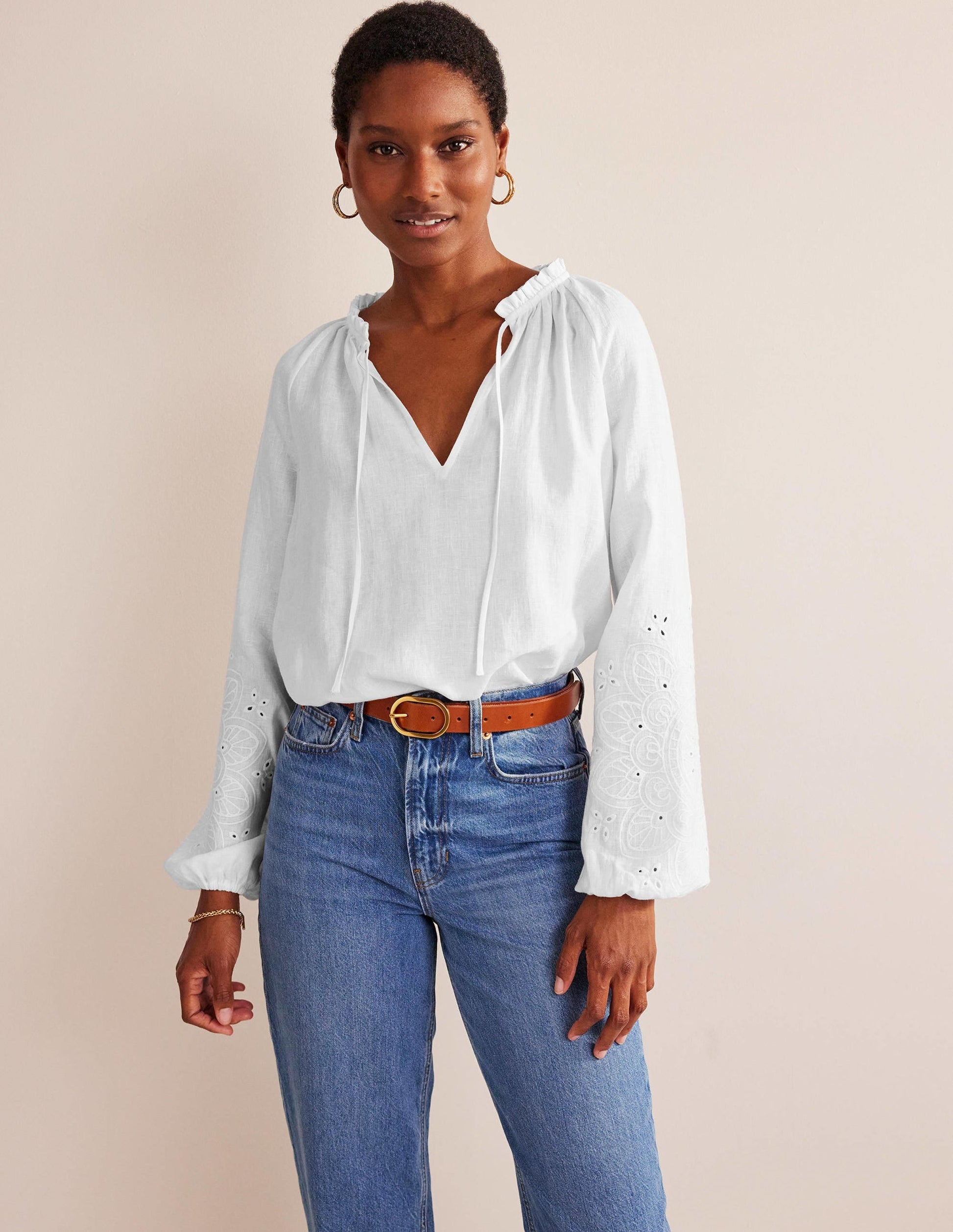 Broderie Tie-Neck Linen Top-White-1