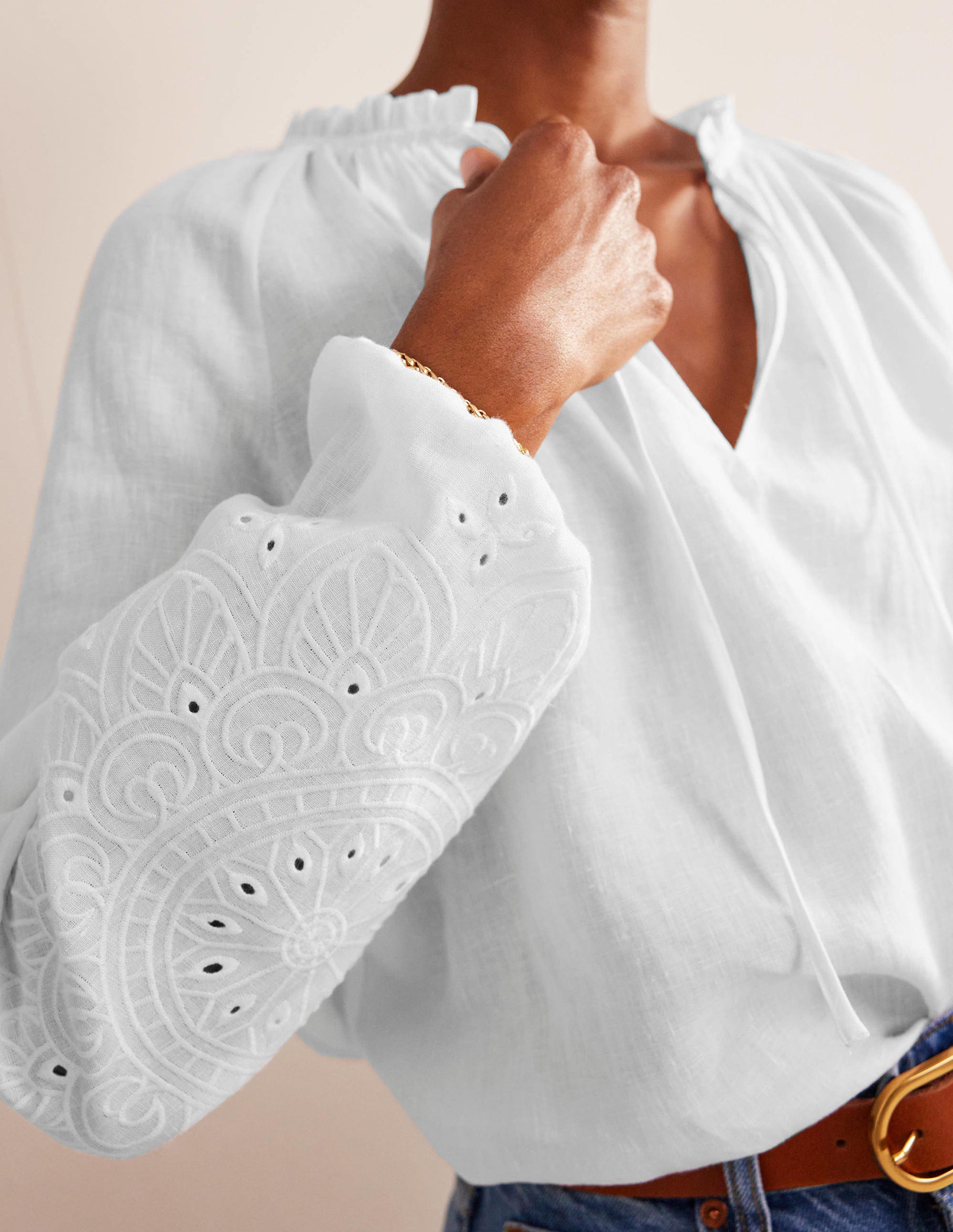 Broderie Tie-Neck Linen Top-White - Image 2