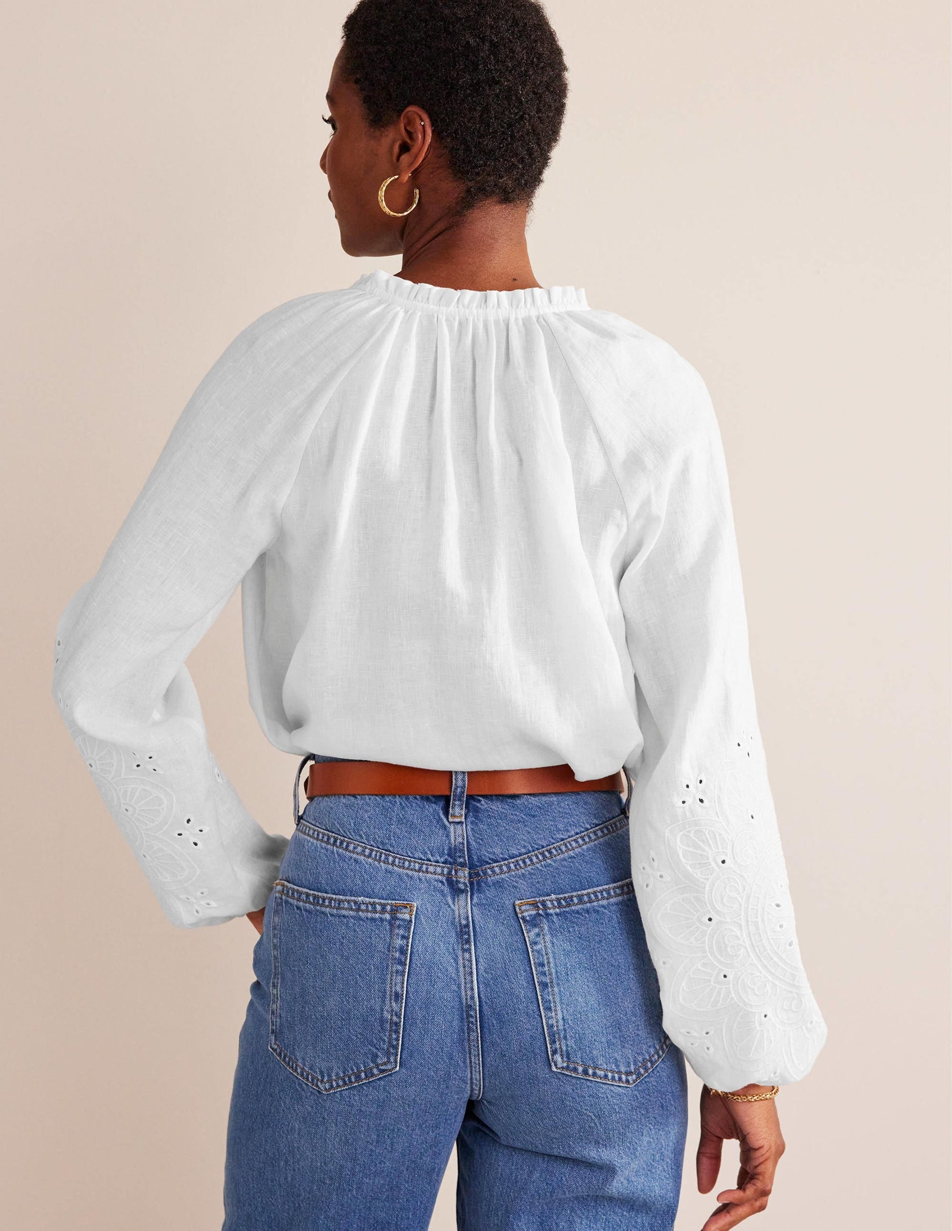 Broderie Tie-Neck Linen Top-White-3