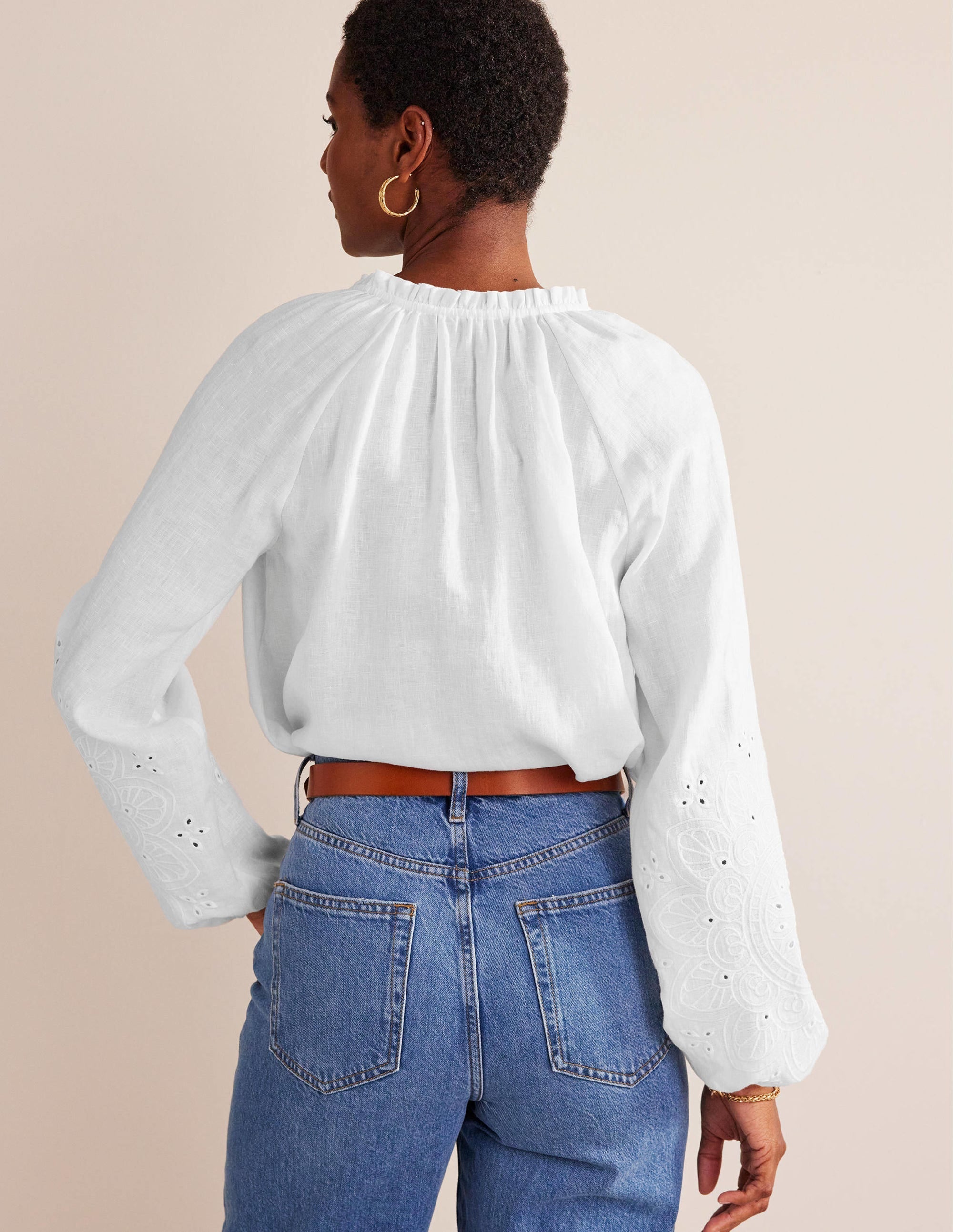 Broderie Tie-Neck Linen Top-White - Image 3