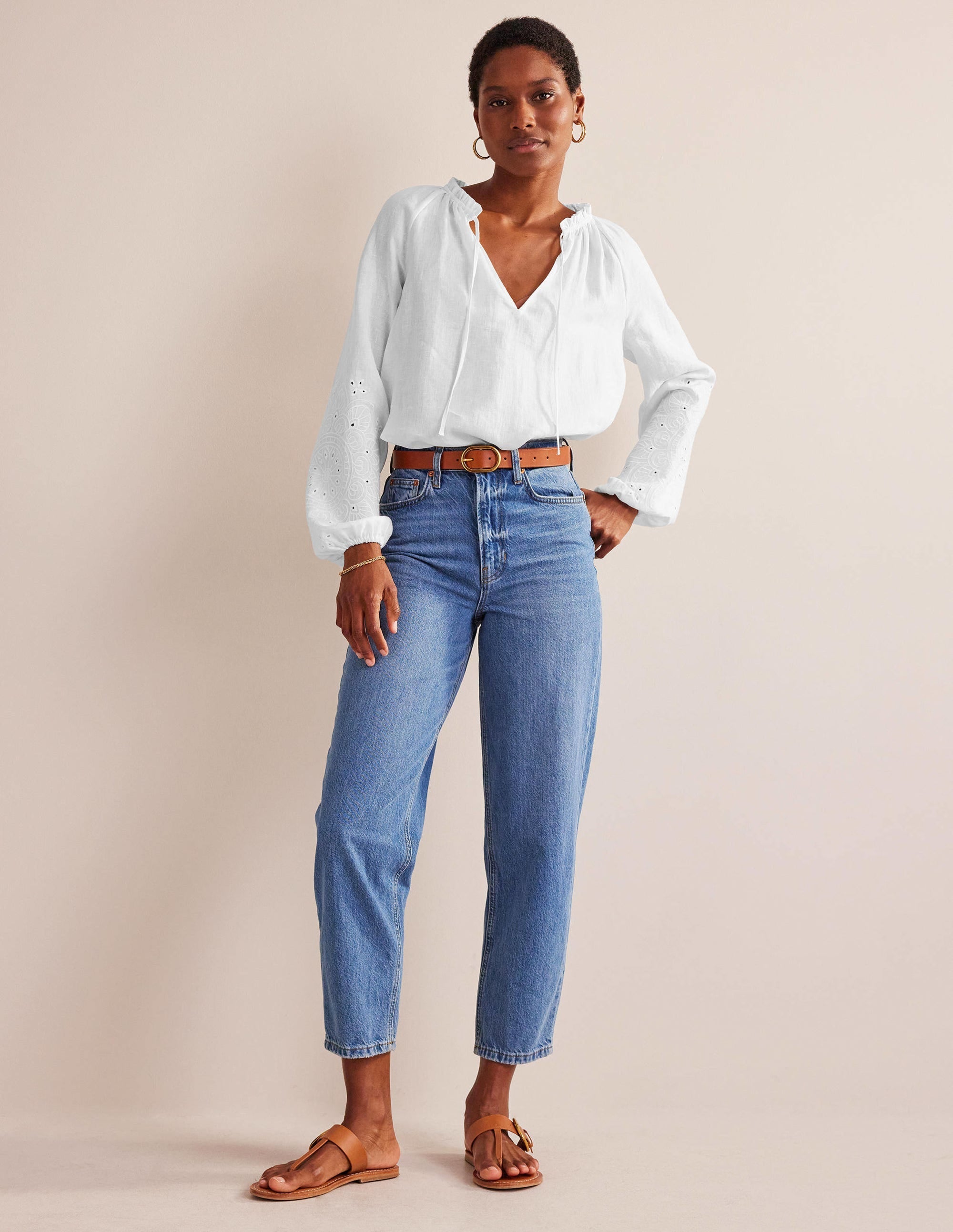 Broderie Tie-Neck Linen Top-White - Image 4