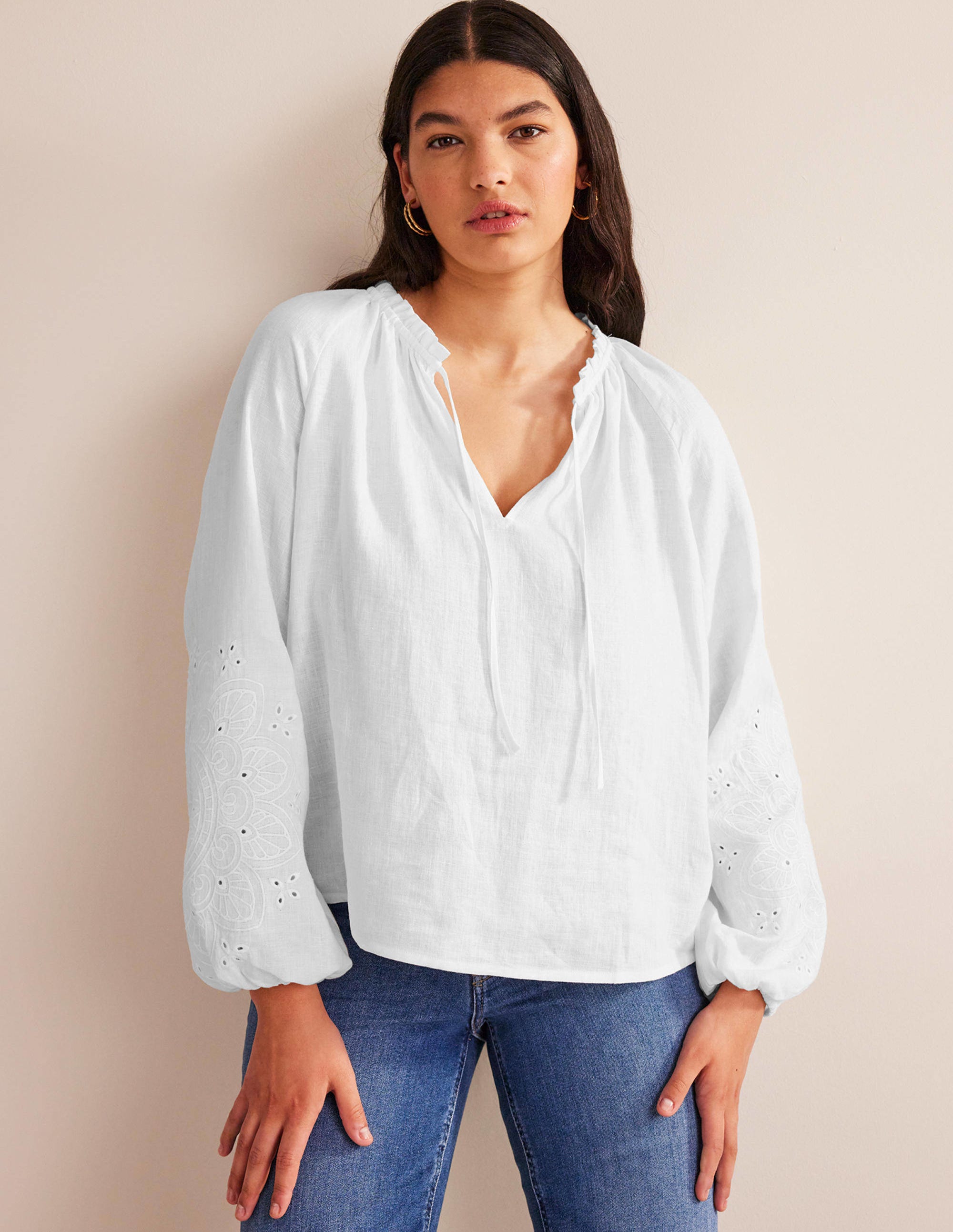 Broderie Tie-Neck Linen Top-White - Image 5