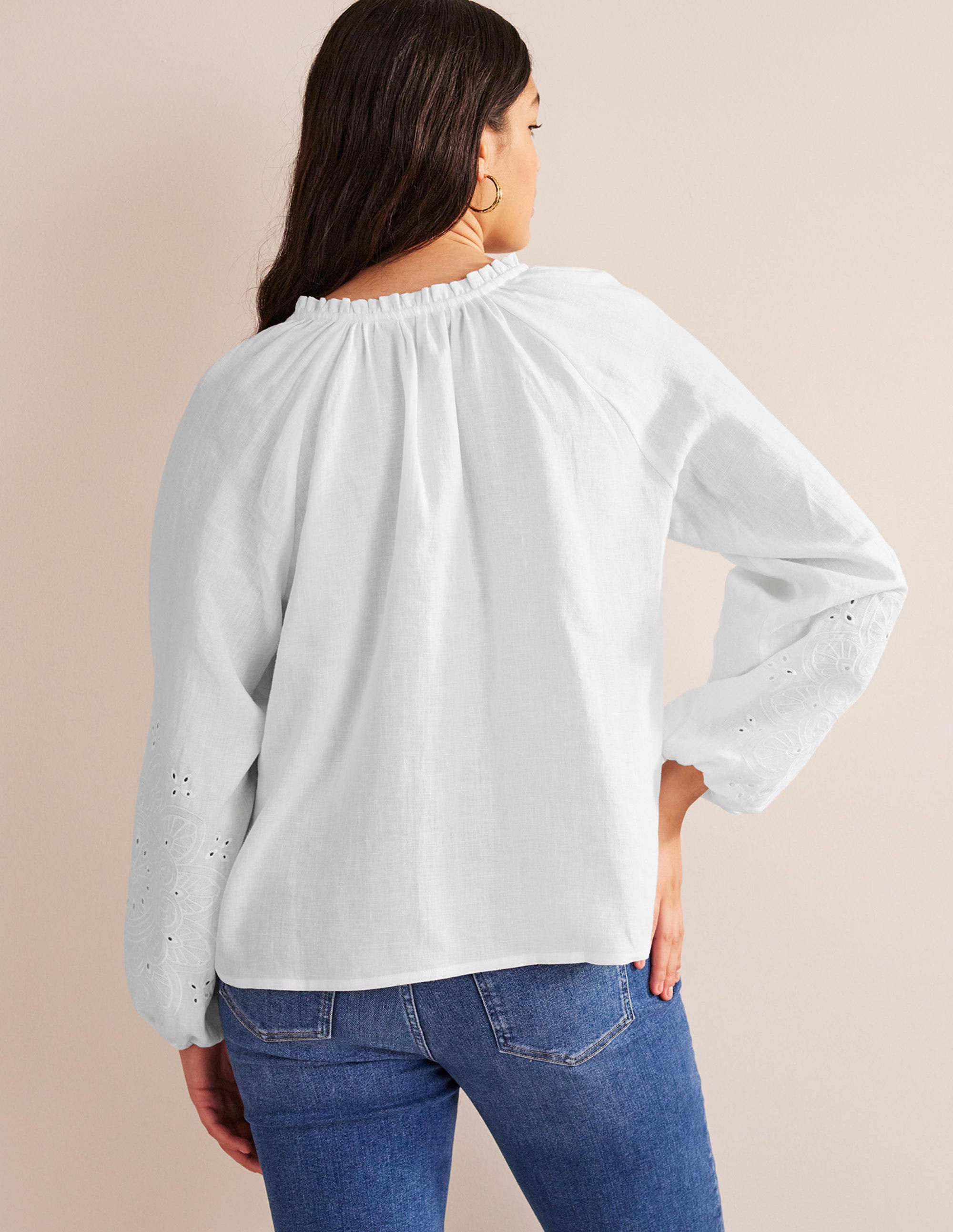 Broderie Tie-Neck Linen Top-White - Image 6