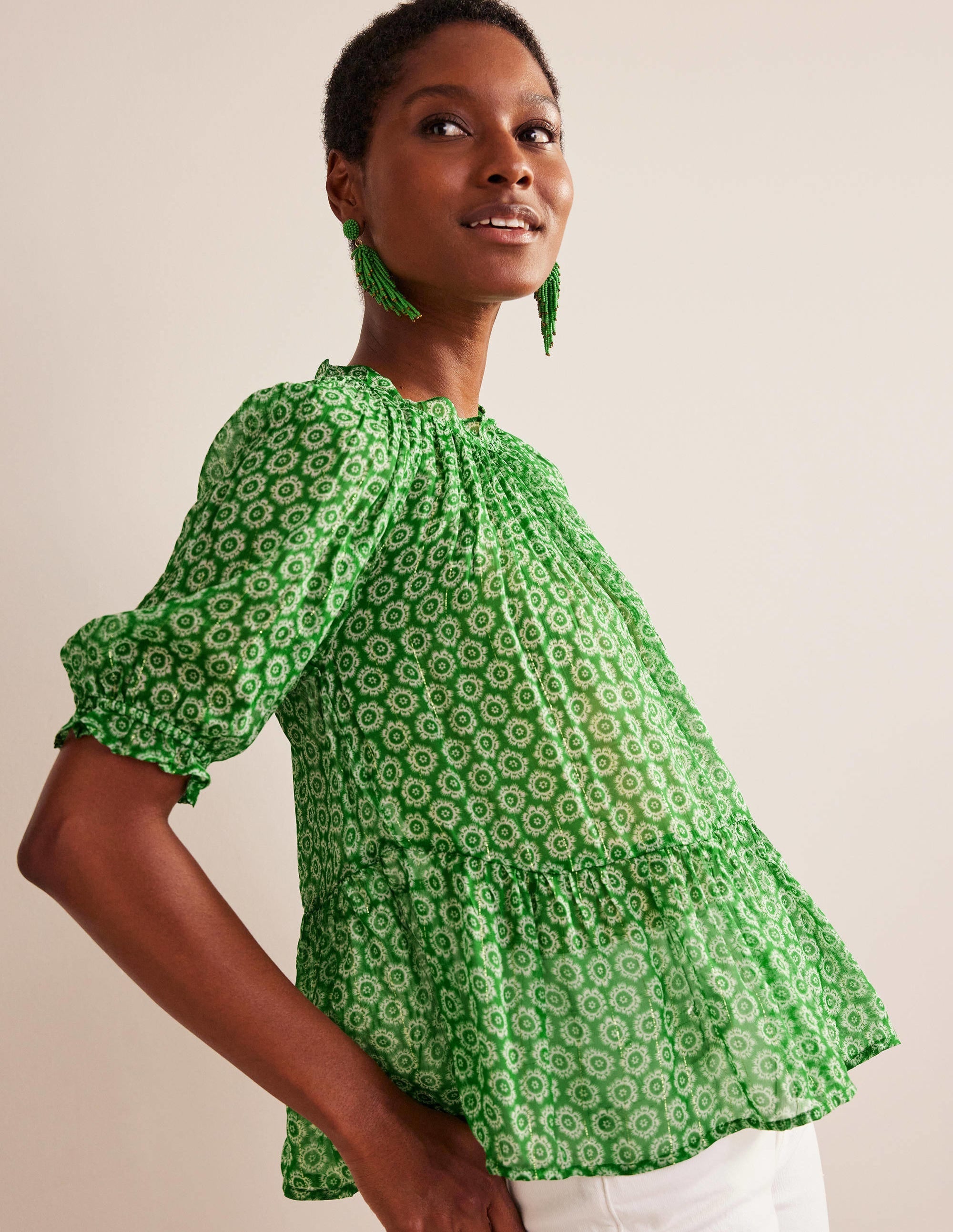 Gathered Sparkle Georgette Top-Lime, Sunrise Pop - Image 1