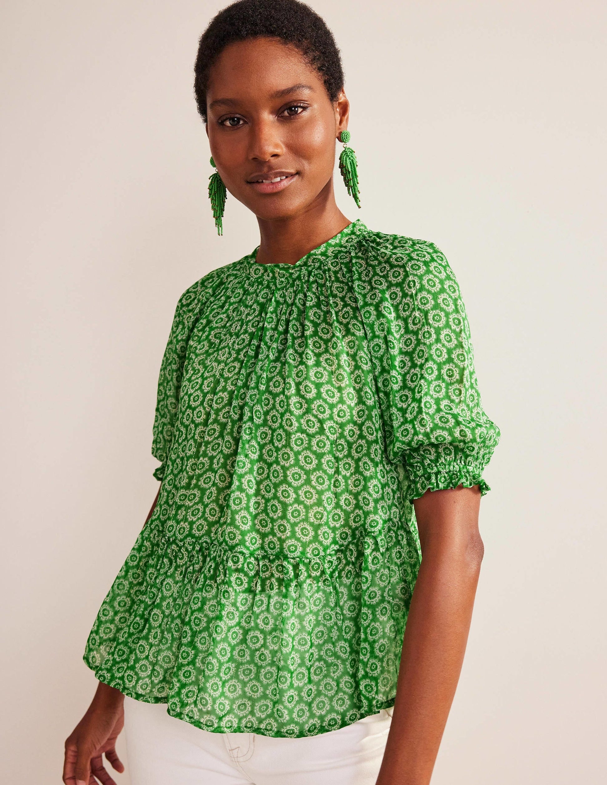 Gathered Sparkle Georgette Top-Lime, Sunrise Pop-4