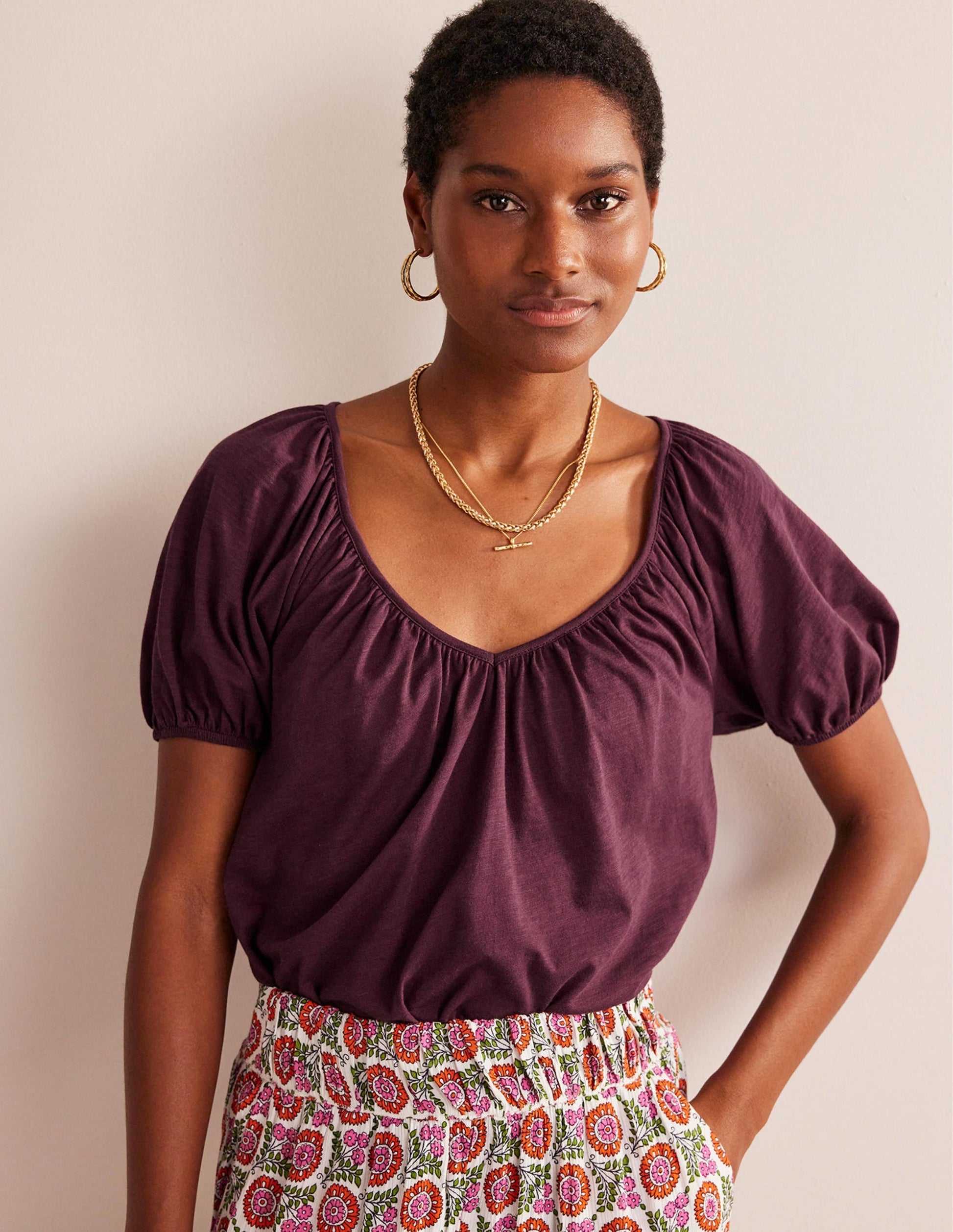 V-Neck Jersey Swing Top-Dark Burgundy-4